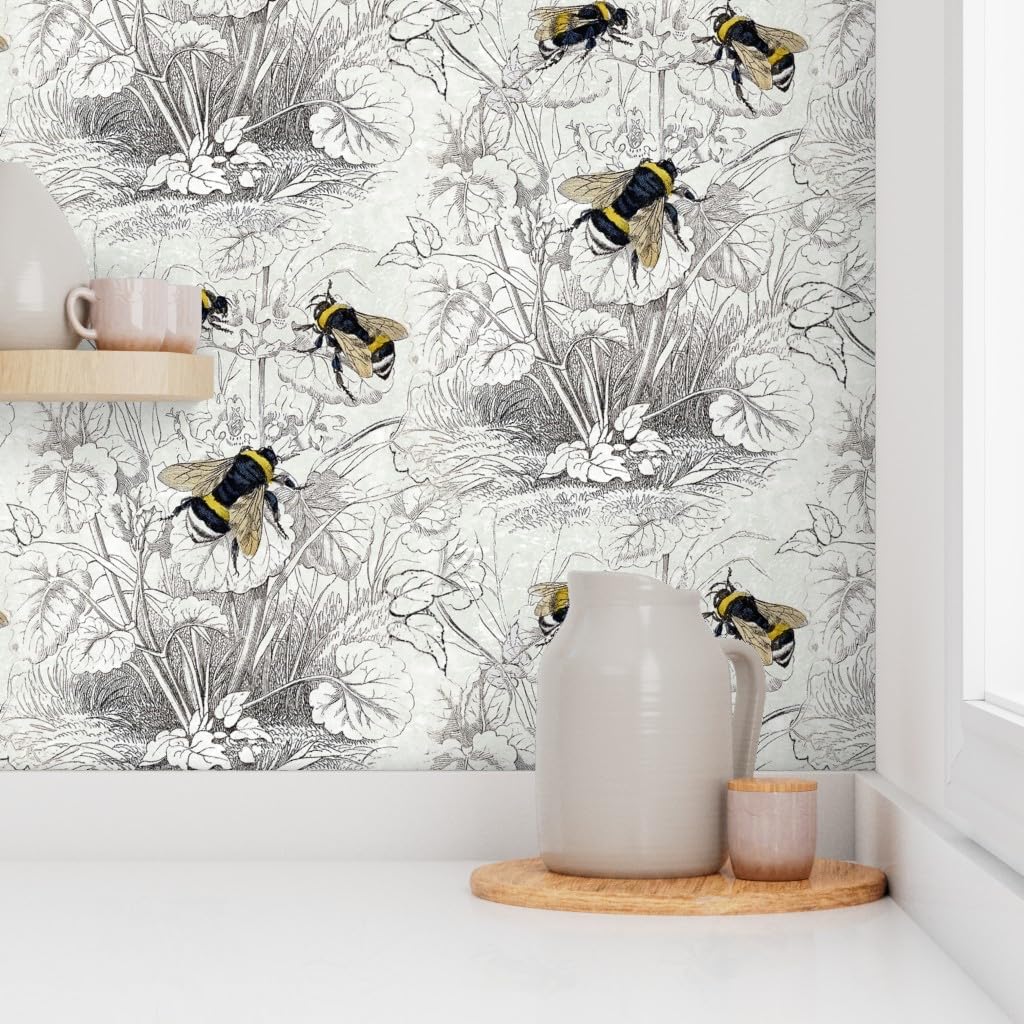 Peel & Stick Wallpaper 3ft x 2ft - Bee Honey Floral Flowers Vintage Antique Illustration Pencil Drawing Flower Sketch Honeybee Custom Removable Wallpaper by Spoonflower
