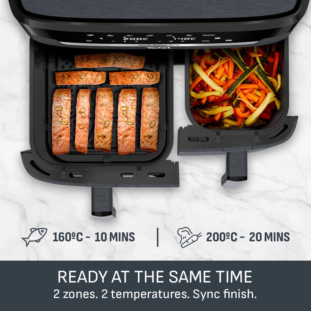 Tefal XXL Friteuse à air de 11 L, double tiroir, sans huile, extra croustillant, rôtir, cuire, réchauffer, déshydrater, 7 programmes prédéfinis, lavable au lave-vaisselle, 8+ portions,