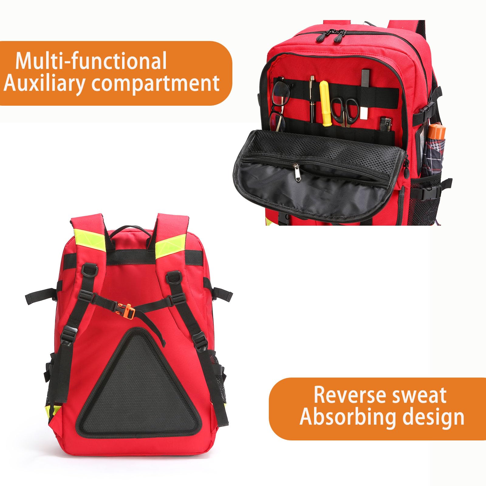 Trauma Notfall-Rucksack, leer, Erste-Hilfe-Rucksack, Feuerwehr-Rettungsrucksack mit reflektierendem Streifen und rutschfester Unterseite, für Zuhause und Arbeit, Feuerrettung, Camping, Wandern