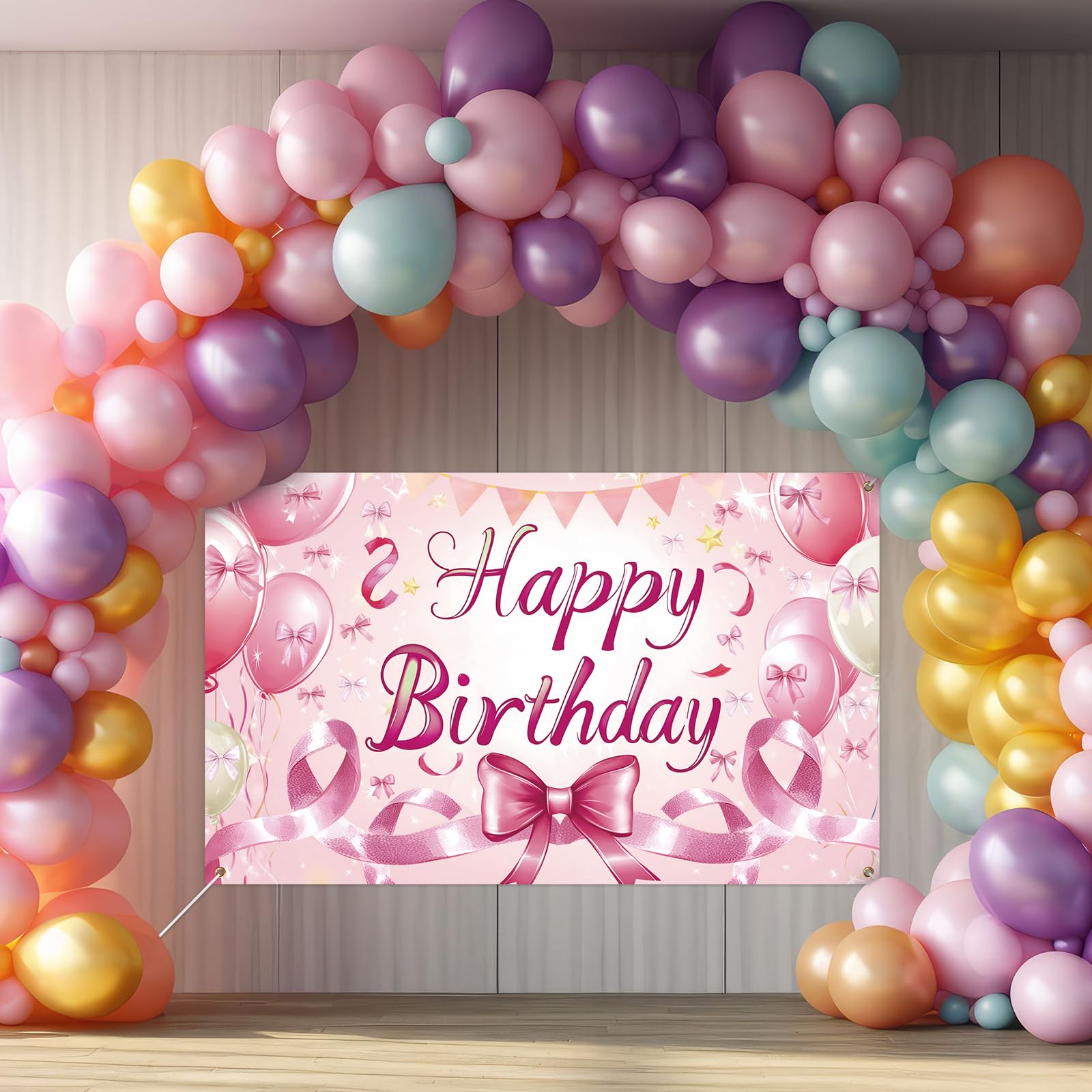 Stcomart Rosa Geburtstags-Banner – 1,8 X 1,1 M, Polyester, Mit Schleifen & Ballons, Für Fotohintergrund & Deko