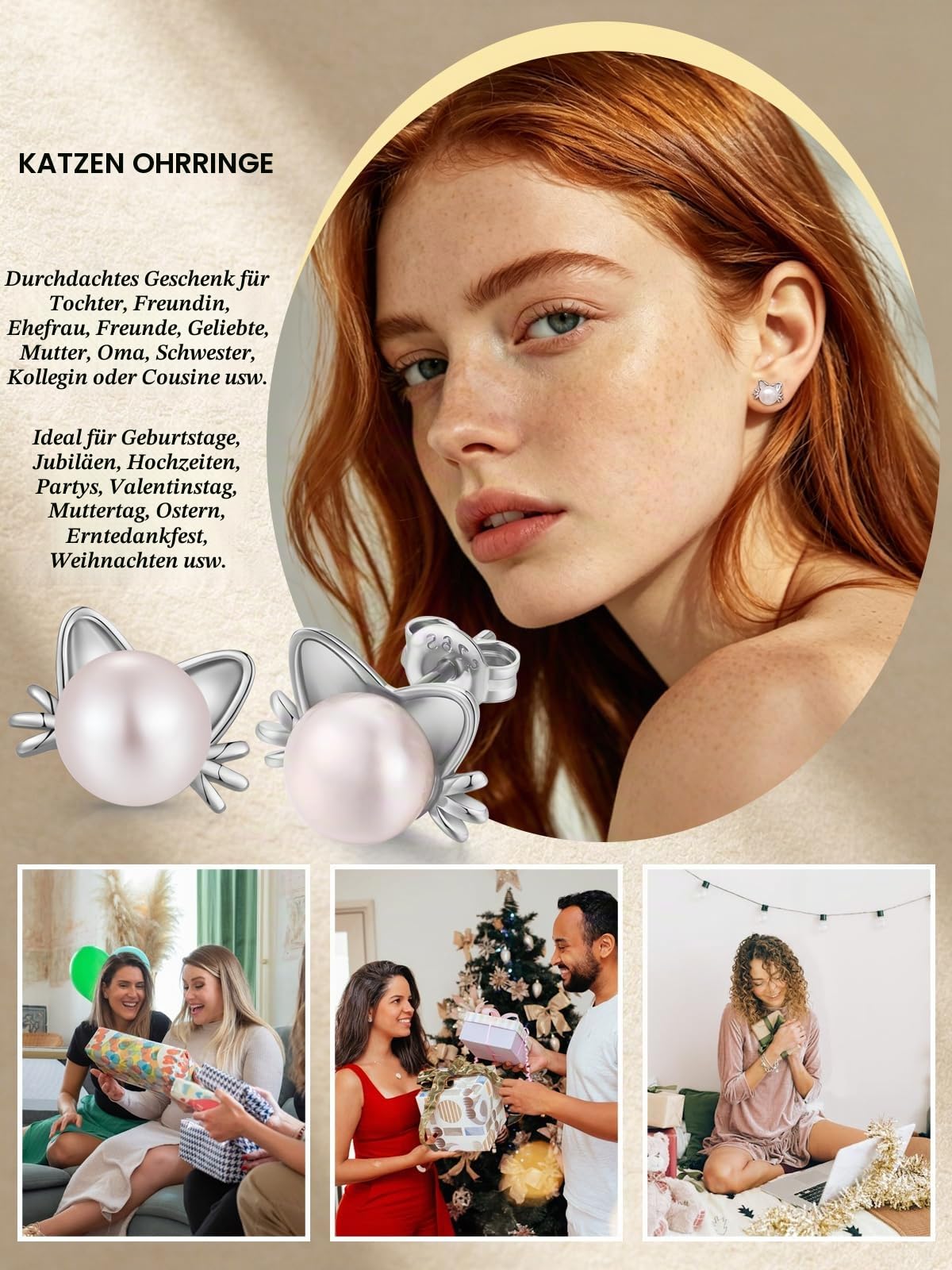 Ohrstecker Silber 925 Katzen Hasen Ohrringe mit süßwasserperlen für Damen