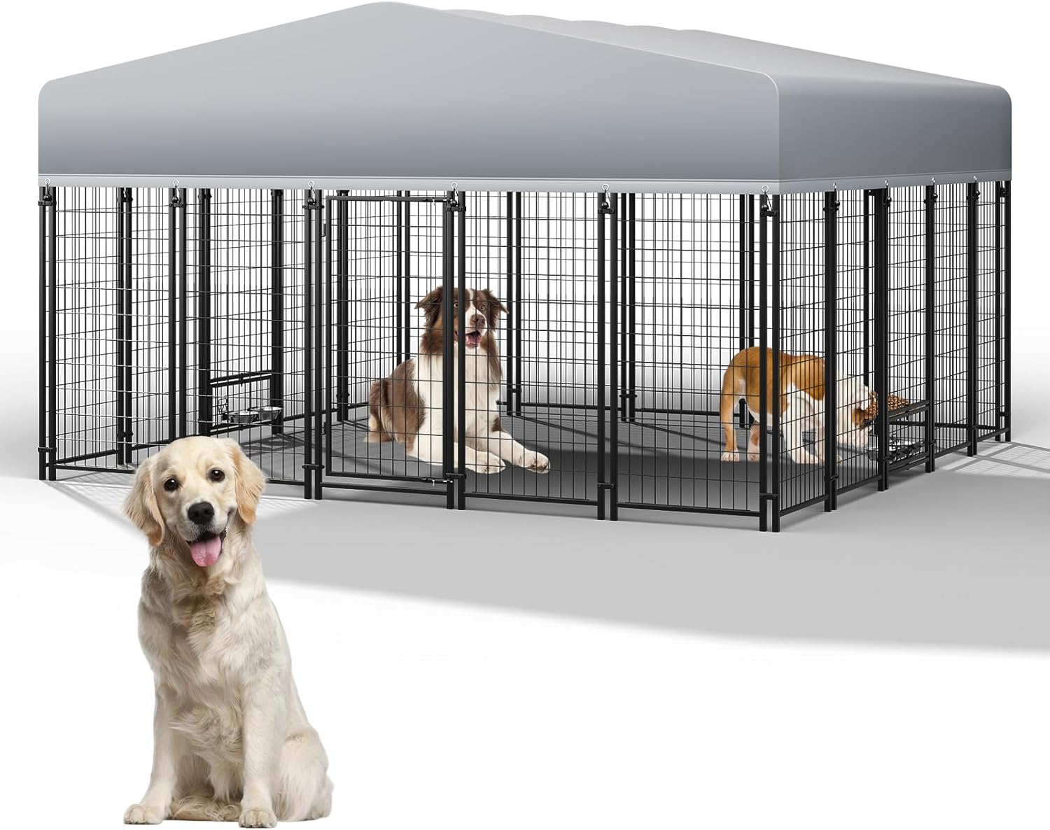 10x10x6FT Outside Large Dog Kennel with roof,Heavy Duty Dog Enclosure with Waterproof, 2 Rotating Dogs Bowls, Outdoor Dogs Cage Run with Secure Lock (120 x 120 x 72 in)