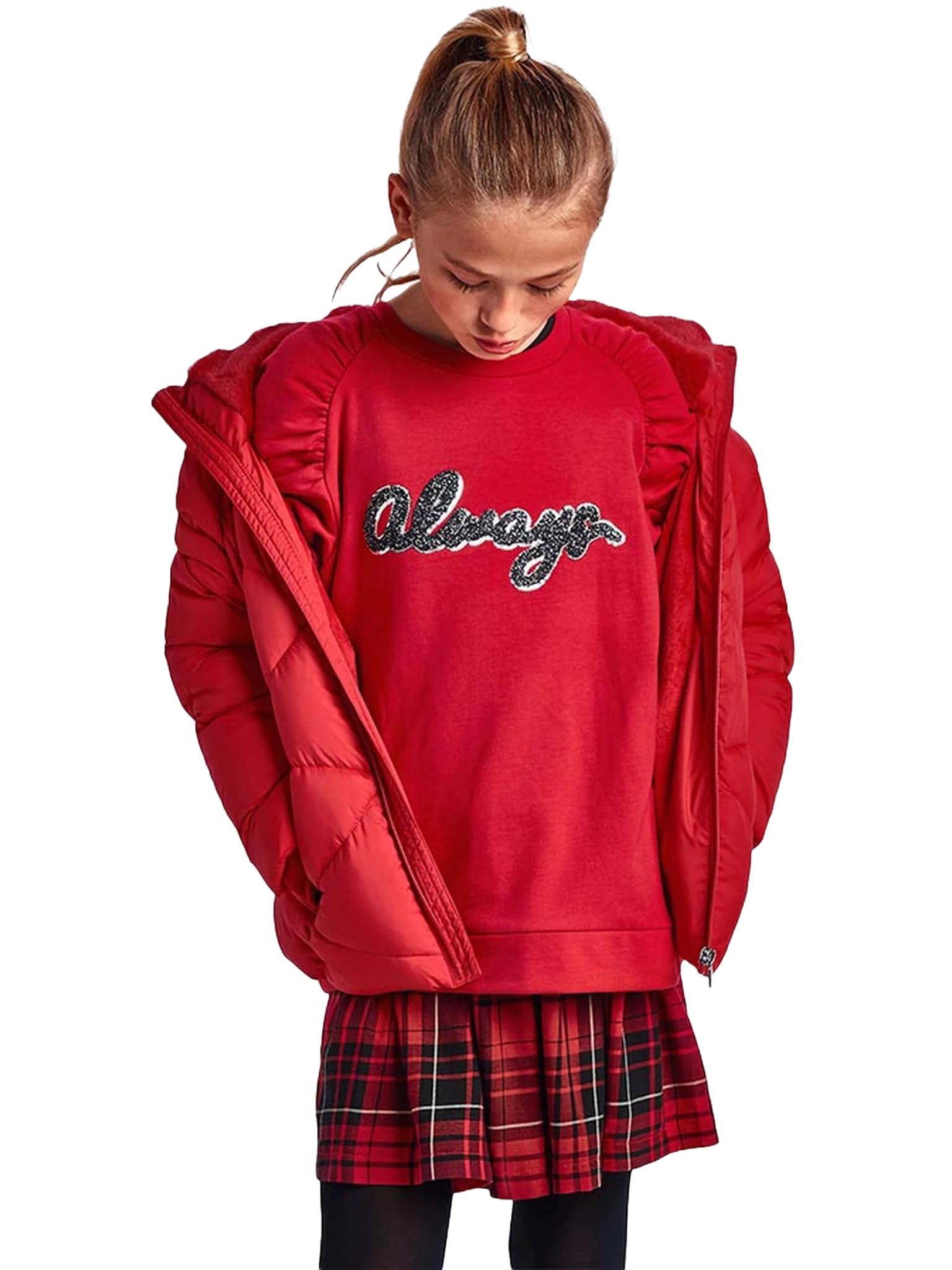 Generico Dziewczęca sukienka kombinowana z czerwonym t-shirtem, czarnym topem i spódnicą w czerwono-czarną kratkę Mayoral 7923, strój bożonarodzeniowy dla dziewczynek, sukienka bożonarodzeniowa dla