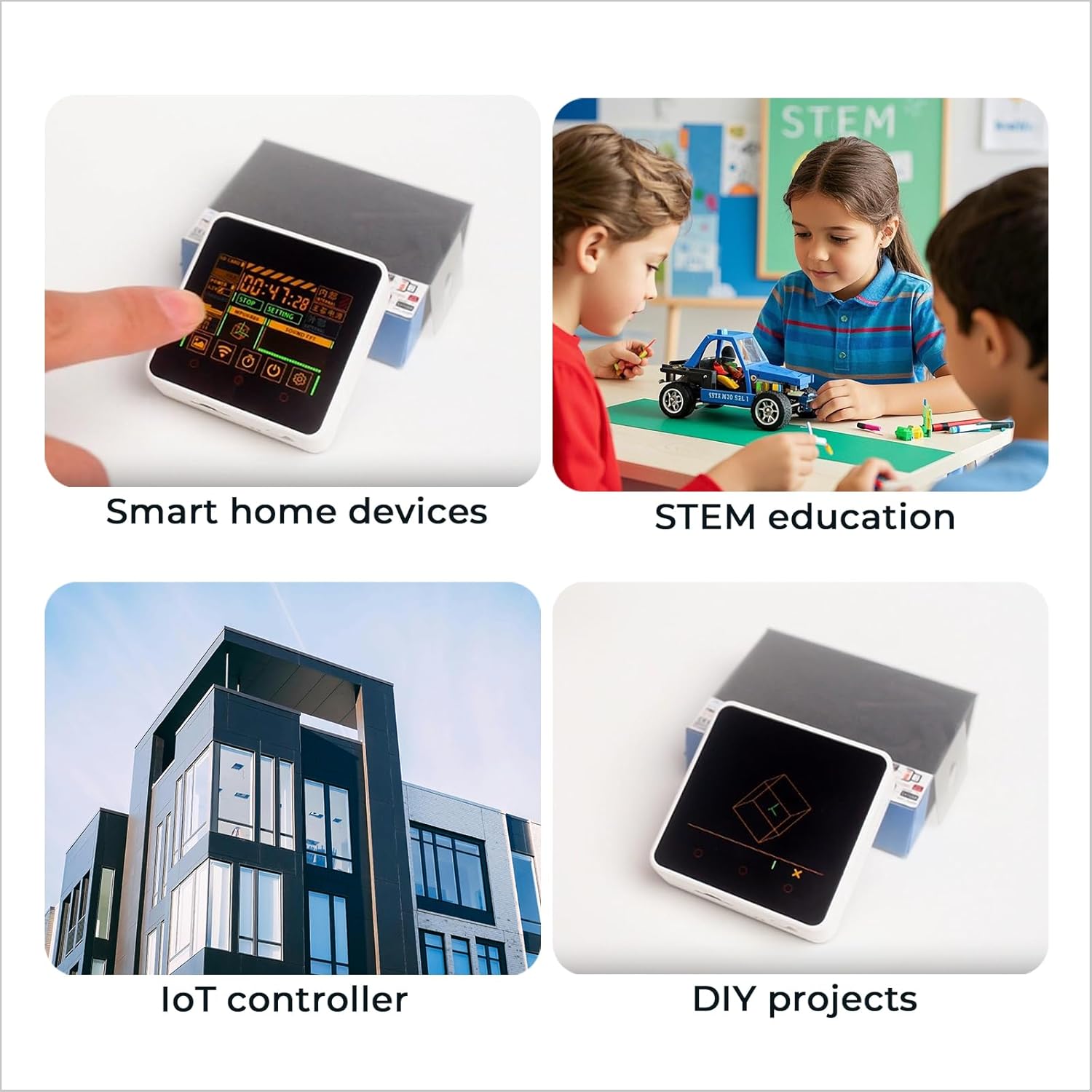 Collage of M5Stack Core2 applications: Smart home devices, STEM education, IoT controller, DIY projects
