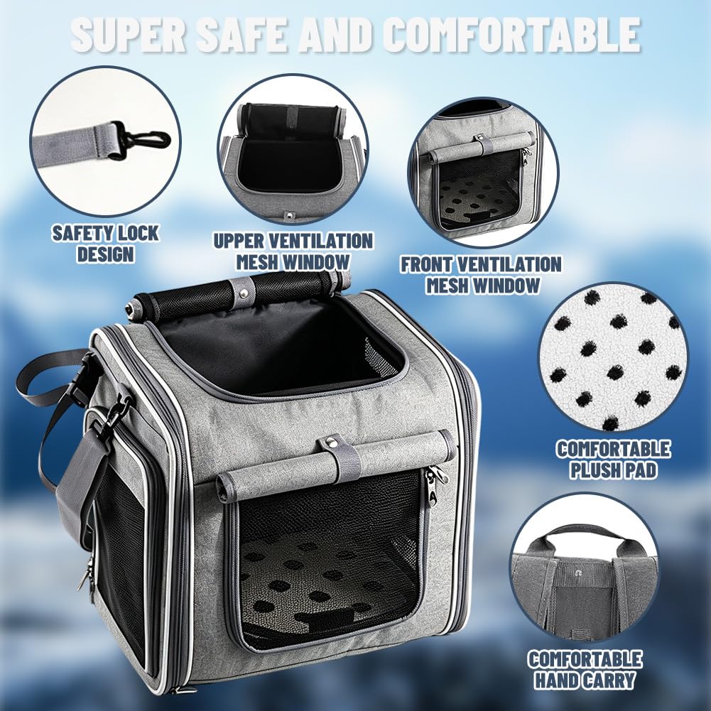 Cestino per cani per bicicletta, 4-in-1 cestino per cani espandibile per bicicletta fino a 10 kg, cestino per bicicletta, zaino e borsa a tracolla con 4 finestre in mesh, cintura di sicurezza, fondo