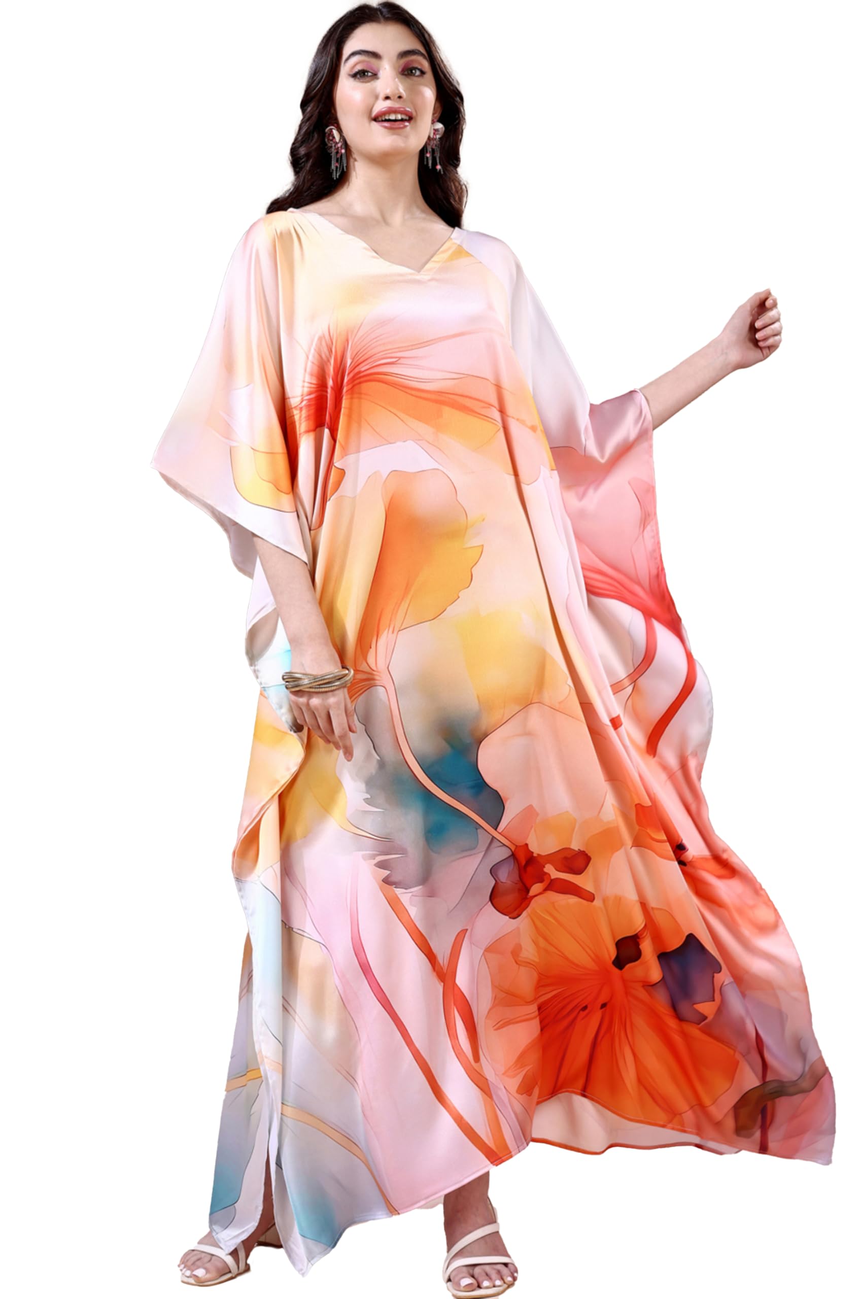 Label Aarna Soft Satin Kaftan with Digital Print and Hidden Adjustable Belt | Free Size [M-3XL] | Maxi Dress | Vacation Wear | Kaftan Dress for Women-picture-37