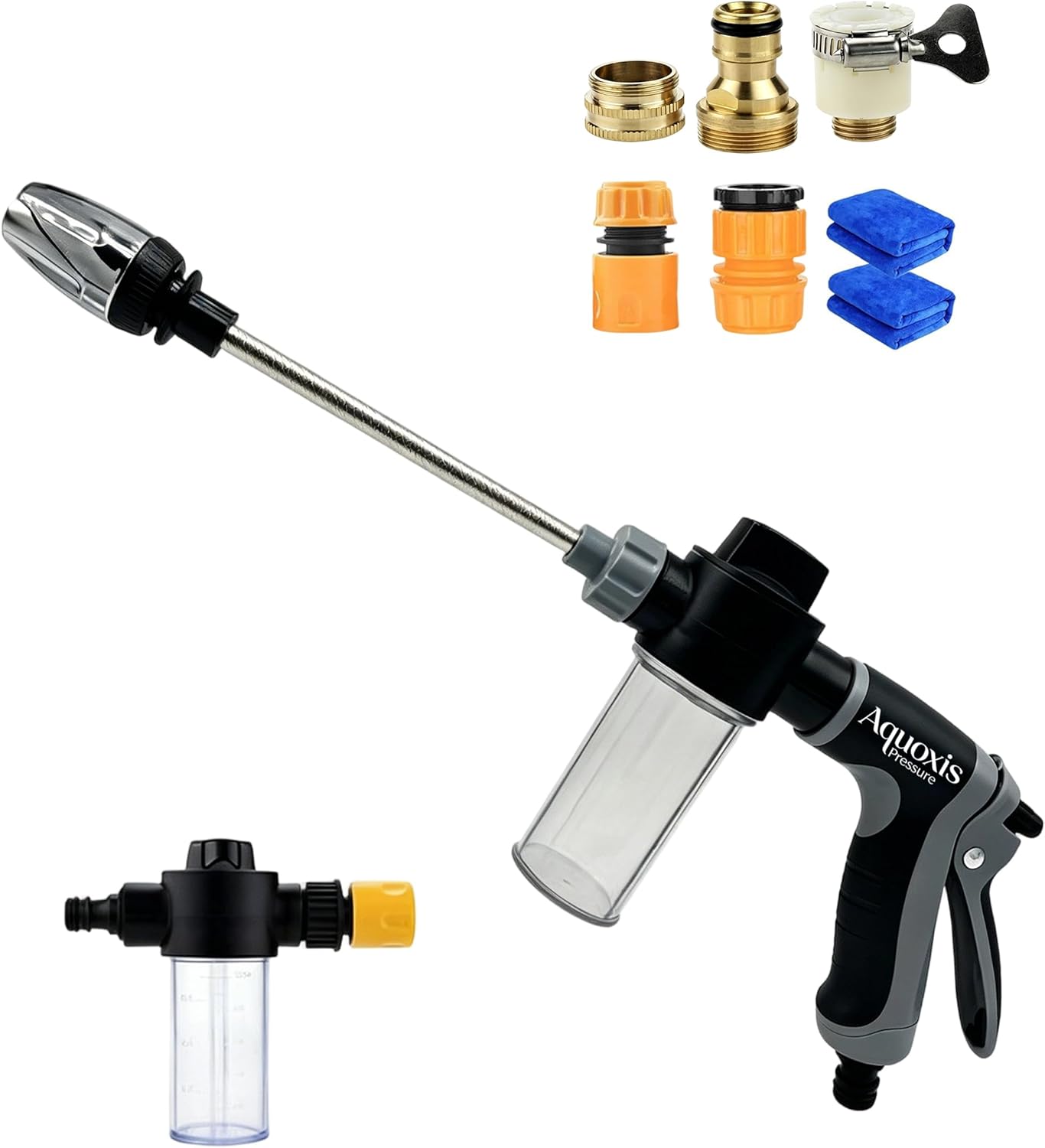 Pressure Washer, Garden Hose Nozzle Fits 1/2"–3/4" Garden Hose Fit, Leak-Proof, Handheld High Pressure Gun for Cars & Patios, for Three Spray Modes (with Foam Pitcher)