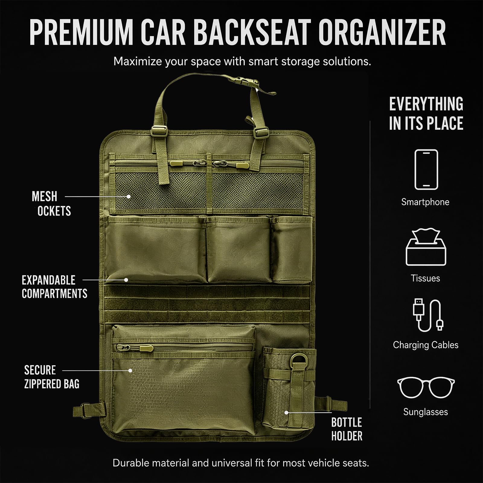 Taktischer Autositz Organizer Rückenlehne 42×62 cm, Auto Sitz Organizer mit MOLLE System, Rückenlehnenschutz mit Taschen, Netztaschen & Becherhalter für SUV, Jeep, Reisen, Camping (Grün)