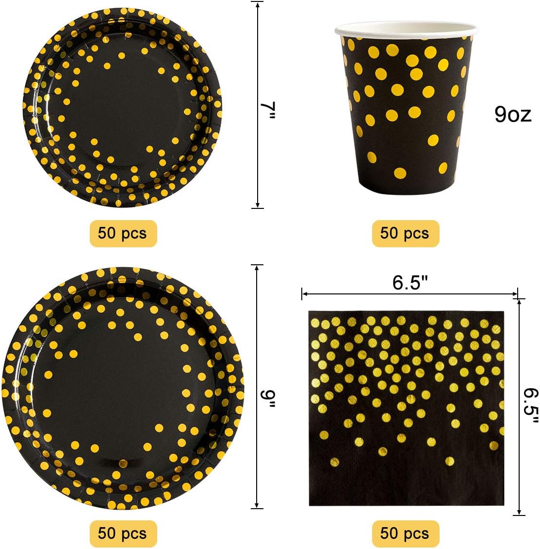 HOMIX 350 Pcs Black and Gold Plates and Napkins Party Supplies, Serves 50 Disposable Paper Plates, Napkins, Cups, Silverwares for Black and Gold Retirement Graduation Party Decorations
