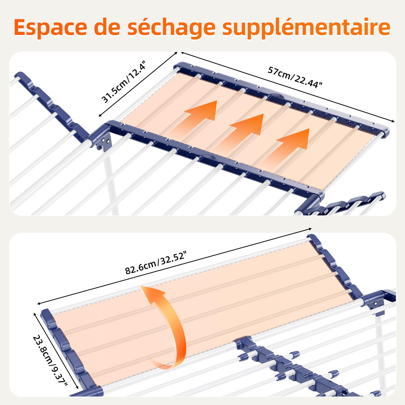KINGBOARD Étendoir à linge pliable et extensible, étendoir à ailes 57 x 162 x 86 cm, séchoir à linge stable avec pieds antidérapants pour l'intérieur et l'extérieur, blanc