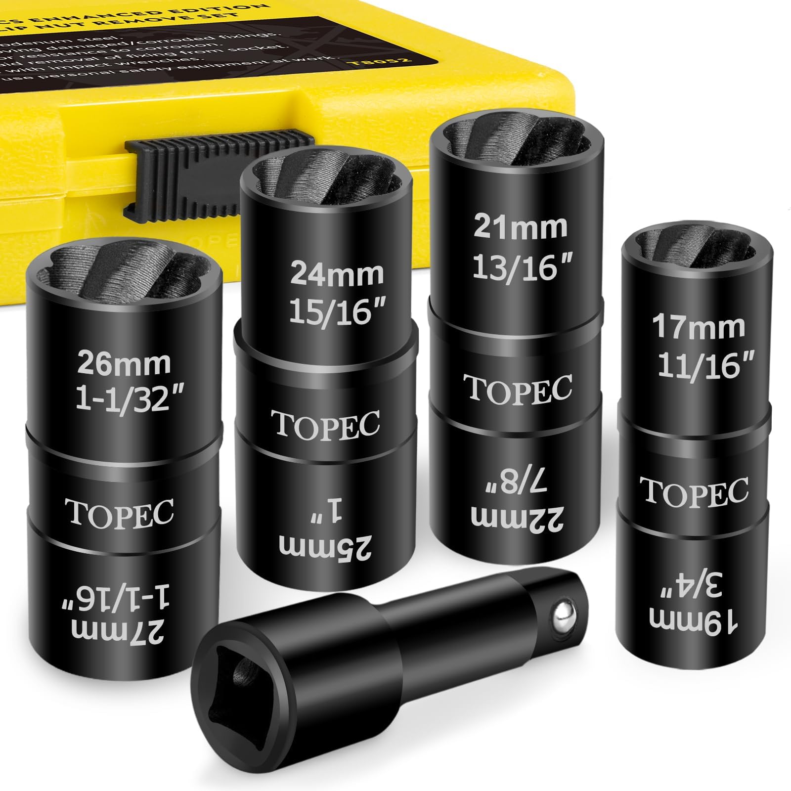 5-Piece Flip Edition Bolt Extractor Set, 1/2โ Lug Nut Remove Used for Removing Rusted and Stripped Screws, Bolts and Other Fasteners, Easy-Out Double Size Socket Set