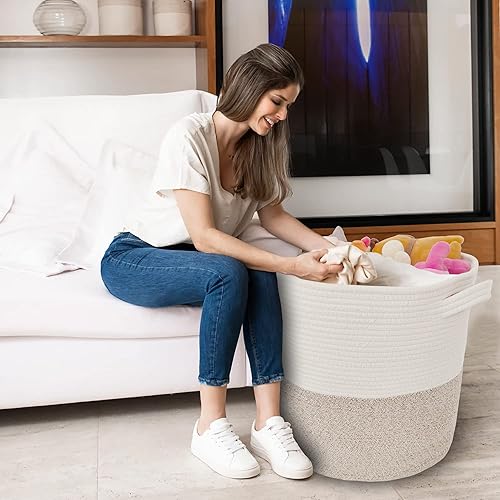 Miniatura 4 de Cesta de almacenamiento grande con tapa de 60 L, 16 pulgadas de ancho x 18 pulgadas de alto, cesta tejida para ropa sucia con asa, decoración de