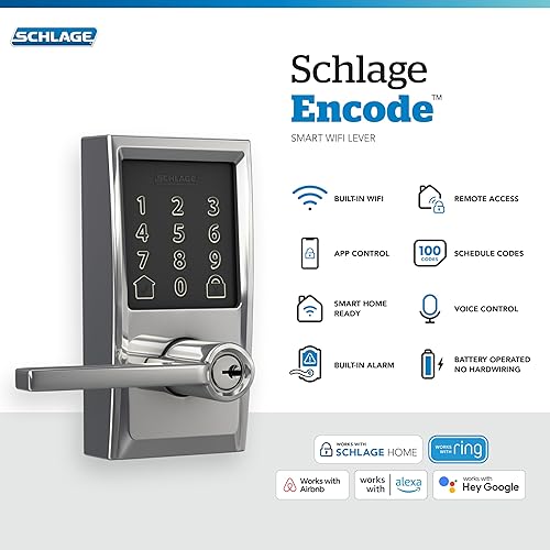 Miniatura 2 de Schlage FE789WBCEN625LAT Encode Century WiFi Latitude Palanca Cerradura de Puerta Inteligente sin Llave con Pantalla Táctil de Entrada, Cromo