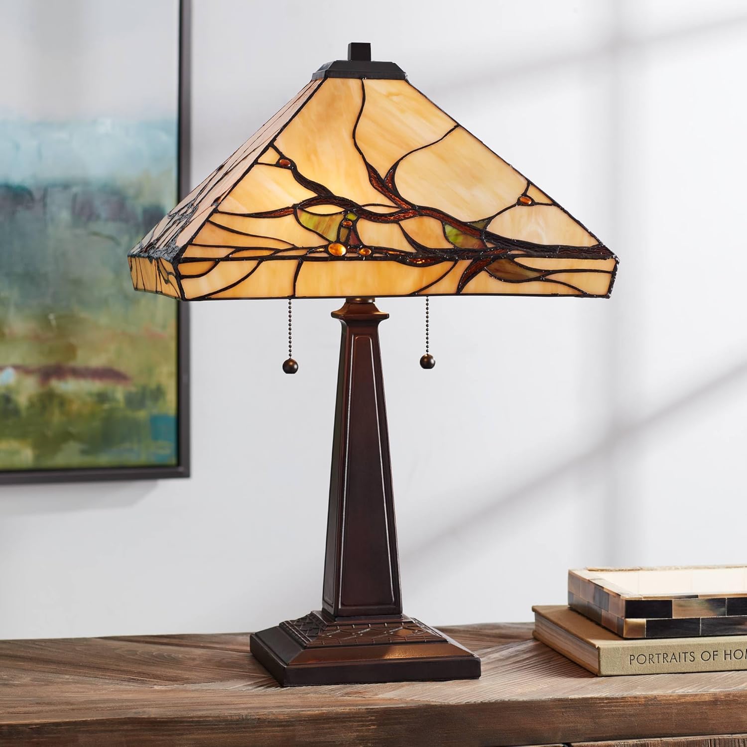 Robert Louis Tiffany Budding Branch Mission Tiffany Style Table Lamp 24" High Bronze Brown Metal Antique Copper Glass Art Shade Cottage Core Decor for Living Room Bedroom House Bedside Nightstand