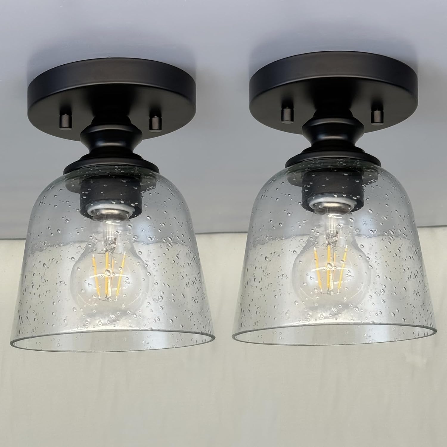 2-Pack 6" Black Semi Flush Mount Light Fixture Mini Clear Seeded Glass Shade Flush Mount Ceiling Light for Bedroom, Bathroom, Hallway, E26 Base, UL Certified