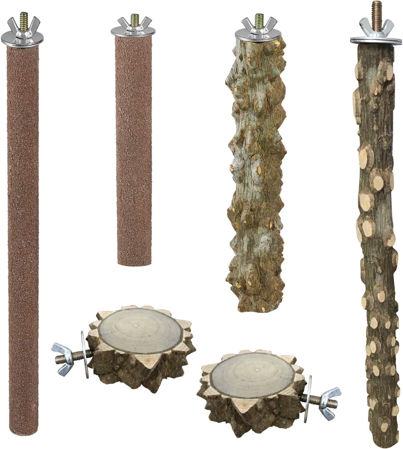 Allazone 6-Piece Natural Wood Bird Perch Stand Toys - Paw Grinding Stick, Parrot Stand, Wood Perches, Bird Swing, Chewing Toys for Small Parakeets