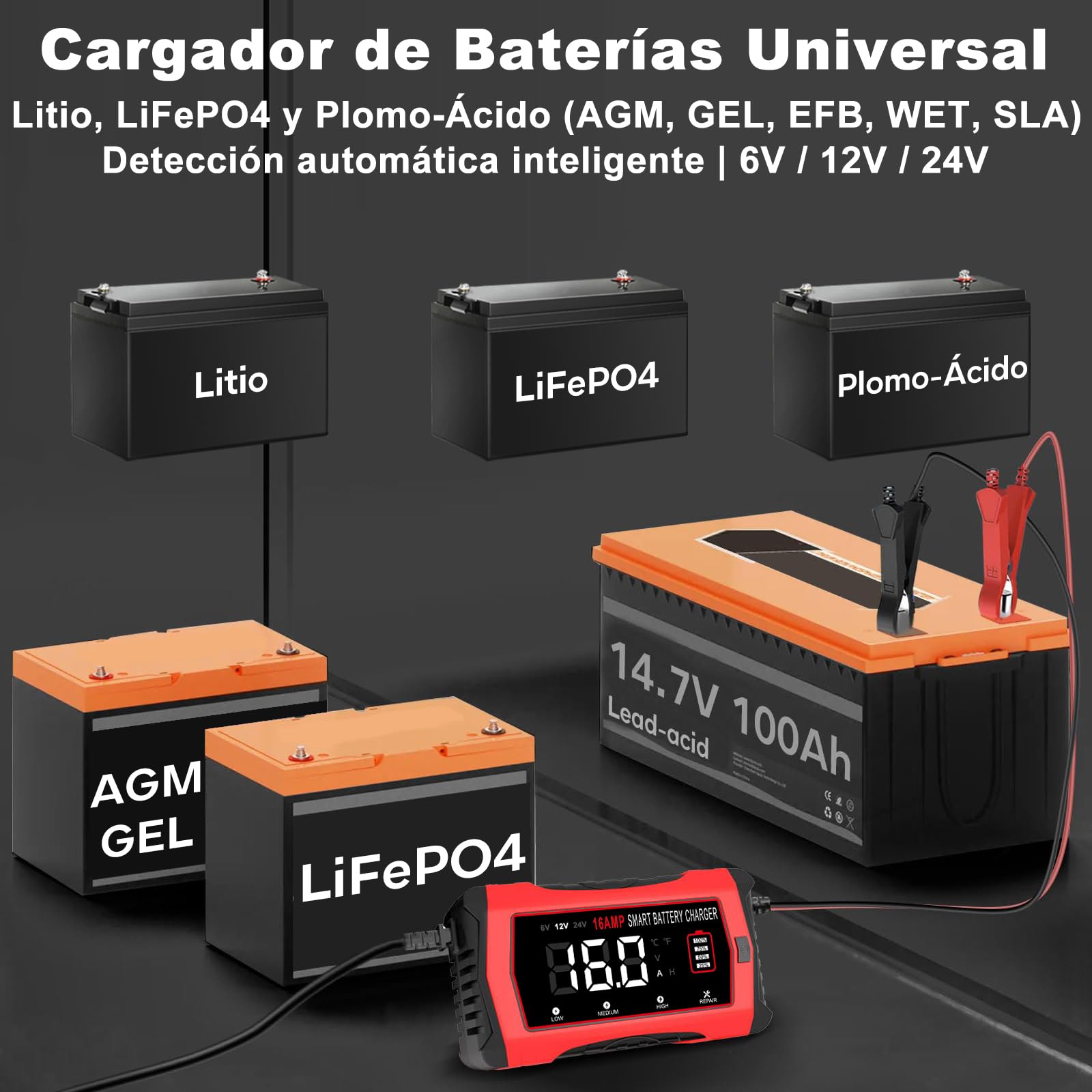 HTRC Cargador Baterias Coche 16A 6V/12V/24V, Cargador de Batería de Coche con Pantalla LCD Compatible con Barcos, SUV, Motocicletas y Baterías Litio, LiFePO4, Plomo-Ácido(AGM, Gel, MF, EFB, SLA, Wet)