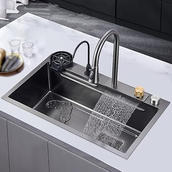 Wttfc Kitchen Sink Workstation 304 Stainless Steel Nano Raindance Waterfall Sink Home Single Sink Workstation Kitchen Sink with Pull-Out Faucet, Pressurized Cup Washer,75 * 45 * 20cm [Energy Class A]