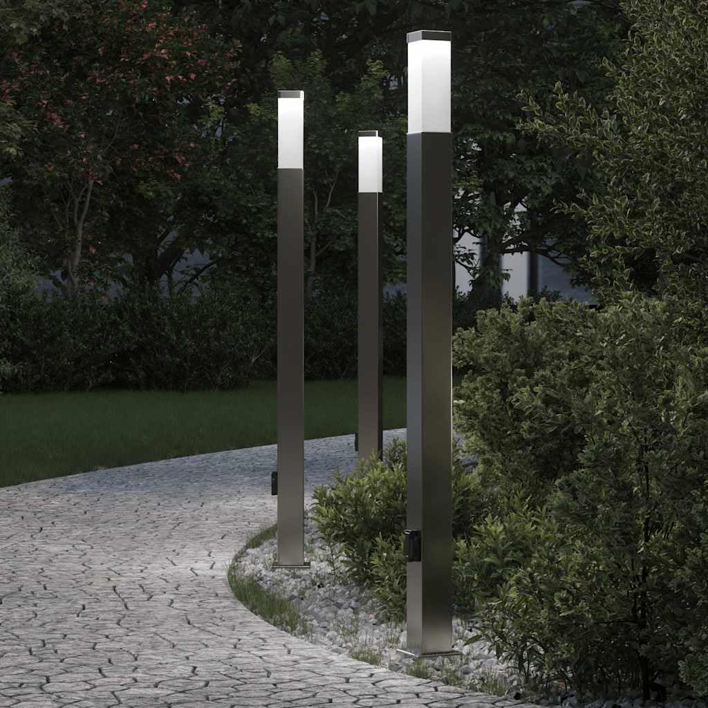 Lampa słupkowa ze stali nierdzewnej, 3 sztuki, 110 cm, stopień ochrony IP44 i zintegrowane gniazdko do ogrodu, na taras, oświetlenie zewnętrzne z dyfuzorem i oprawą E27