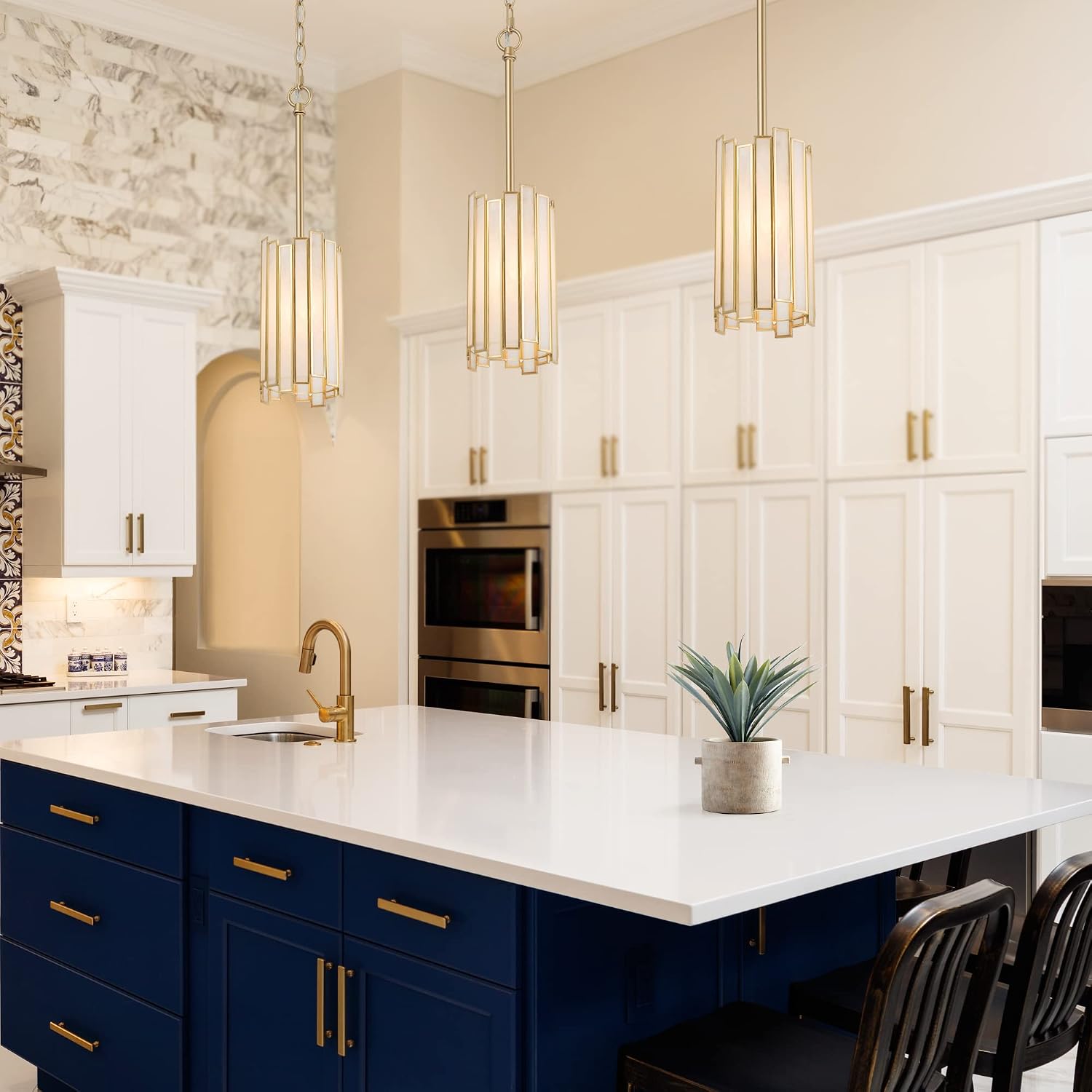 Durent Lighting Gold Pendant Lighting, Modern Cylinder Hanging Light Fixture with White Glass Shade for Kitchen Island, Entryway, Foyer, Dining Room and Bedroom
