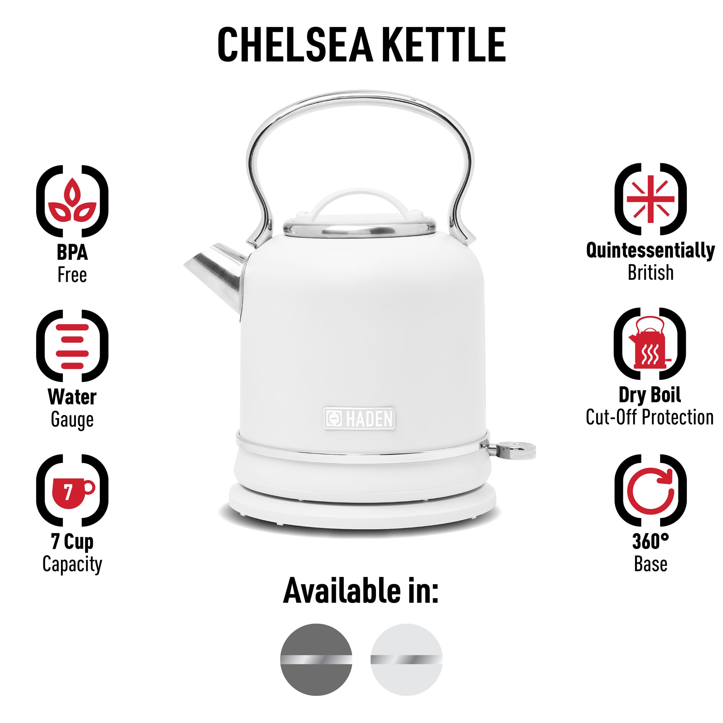 Haden Chelsea 1.7 Liter Electric Water Kettle w/ 360-Degree Base, Ivory & Chrome