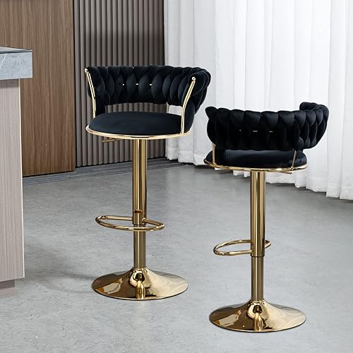 Miniatura 8 de KIVENJAJA Juego de 2 taburetes de bar tejidos de terciopelo, modernos taburetes giratorios de altura ajustable con respaldo y base de metal dorado