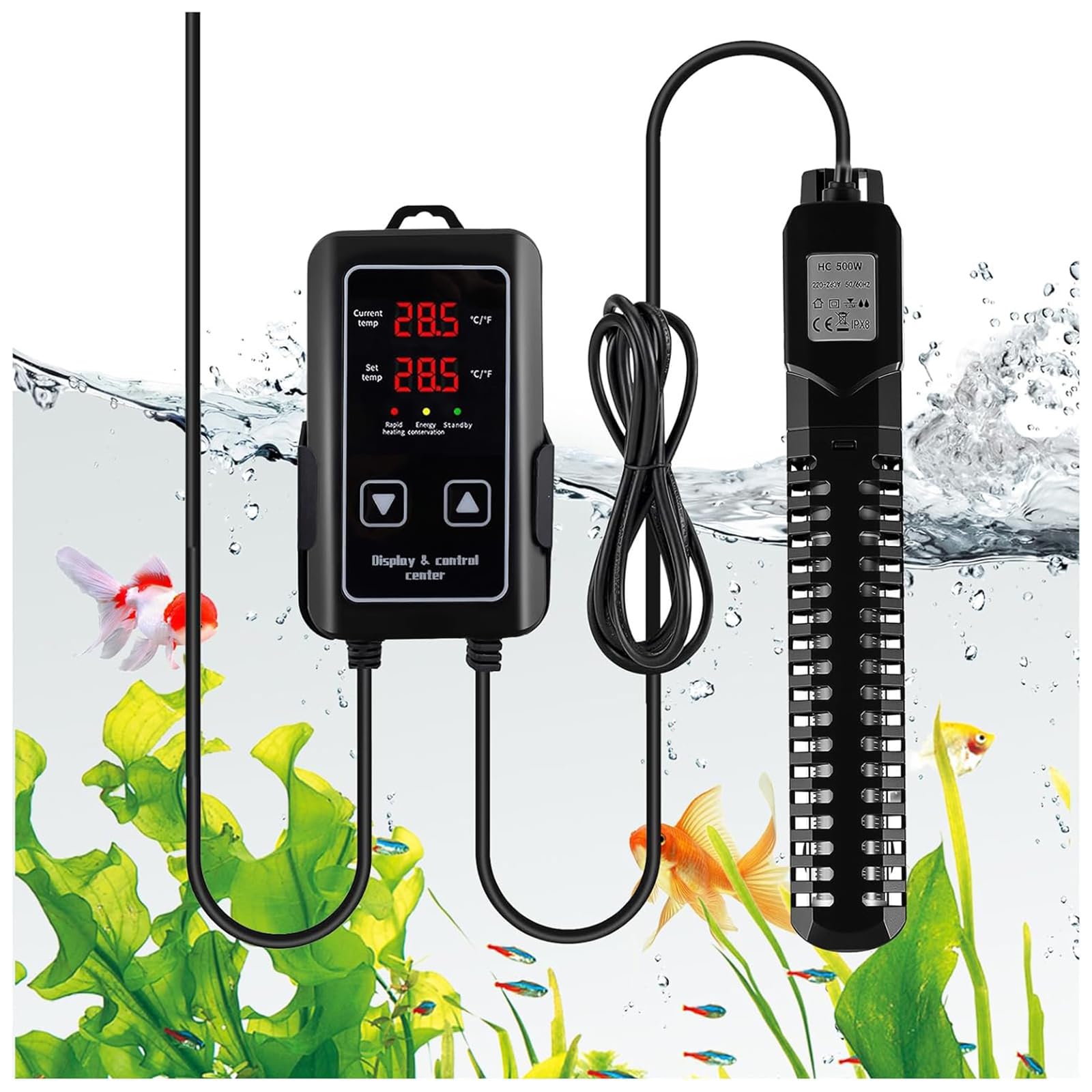 Neulriscn Aquarium Heater, 500W Fish Tank Heater, Submersible Fish Tank Heater with External Temperature Controller, LED Digital Dual Display, Overheat Protection & Auto-Off, for Fish Tanks up to 250L — image 1