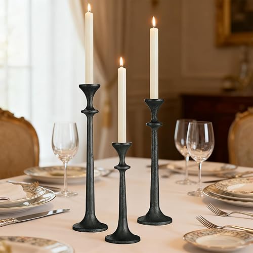 Miniatura 5 de Juego de 3 portavelas cónicos negros de hierro fundido pesado negro para centro de mesa, moderno soporte de vela cónico decorativo para decoración