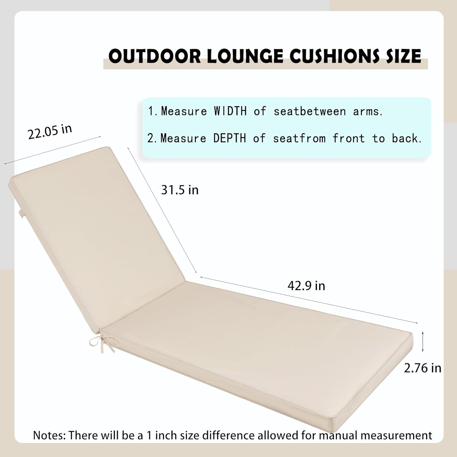 Outdoor Chaise Lounge Cushions Set of 2, 75"x22"x3" Thick Patio Chaise Cushions with Straps, Water-Resistant & Fade-Resistant Foam for Pool, Lawn Furniture (Beige)