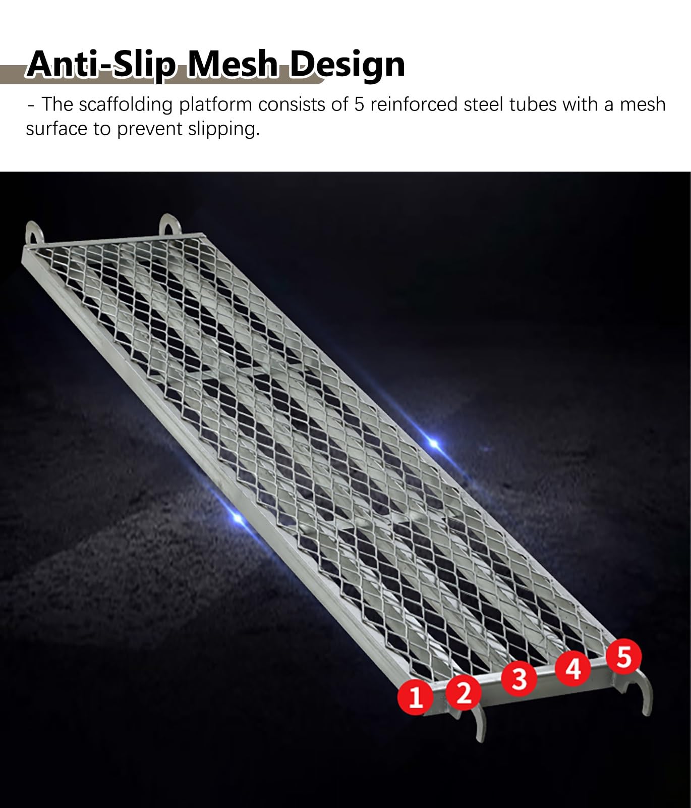 Andamio Plataforma de Andamio de 170 cm de Largo para Construcción, Tablero de Andamio con Soporte Transversal y Gancho, Plataforma de Trabajo de Red Antideslizante, Banco de Torre