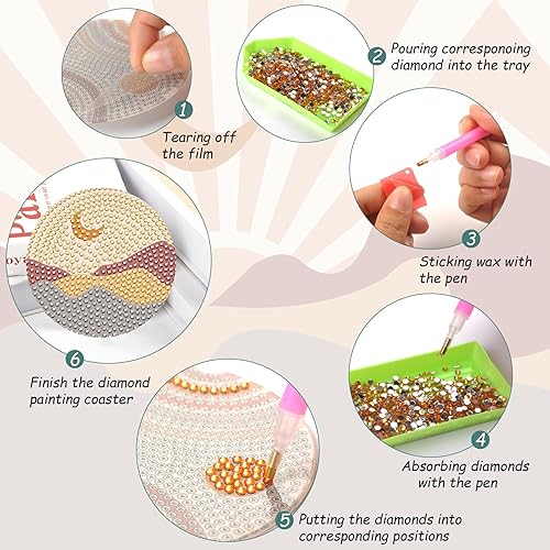 Miniatura 10 de 8 posavasos de pintura de diamantes de hojas con soporte, diseño de hojas grises, estilo bohemio, para adultos, niños, principiantes, kits de