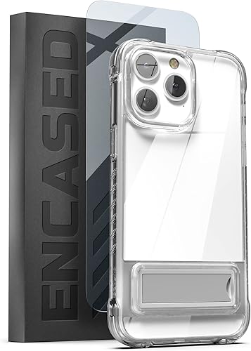 ENCASED Funda transparente con soporte para iPhone 14 PRO MAX con protector de pantalla (soporte de metal duradero)