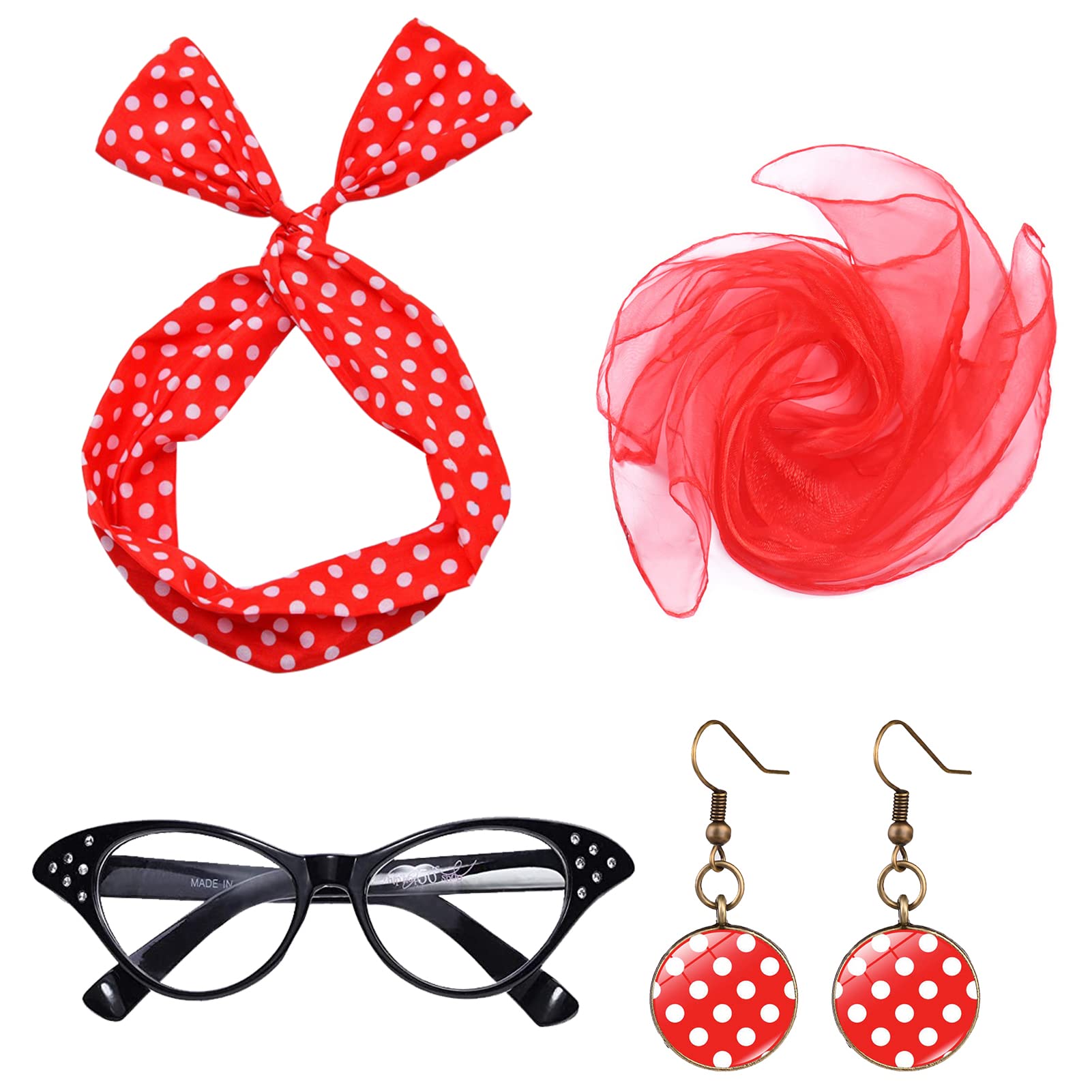 QincLing jahre damen accessoires rockabilly zubehör mit Chiffon Schal Katzen Auge Brille Polka Dot Bandana Krawatte Stirnband Ohrringe Ohrstecker für 60er jahre kleidung 1950s Kostüm Set
