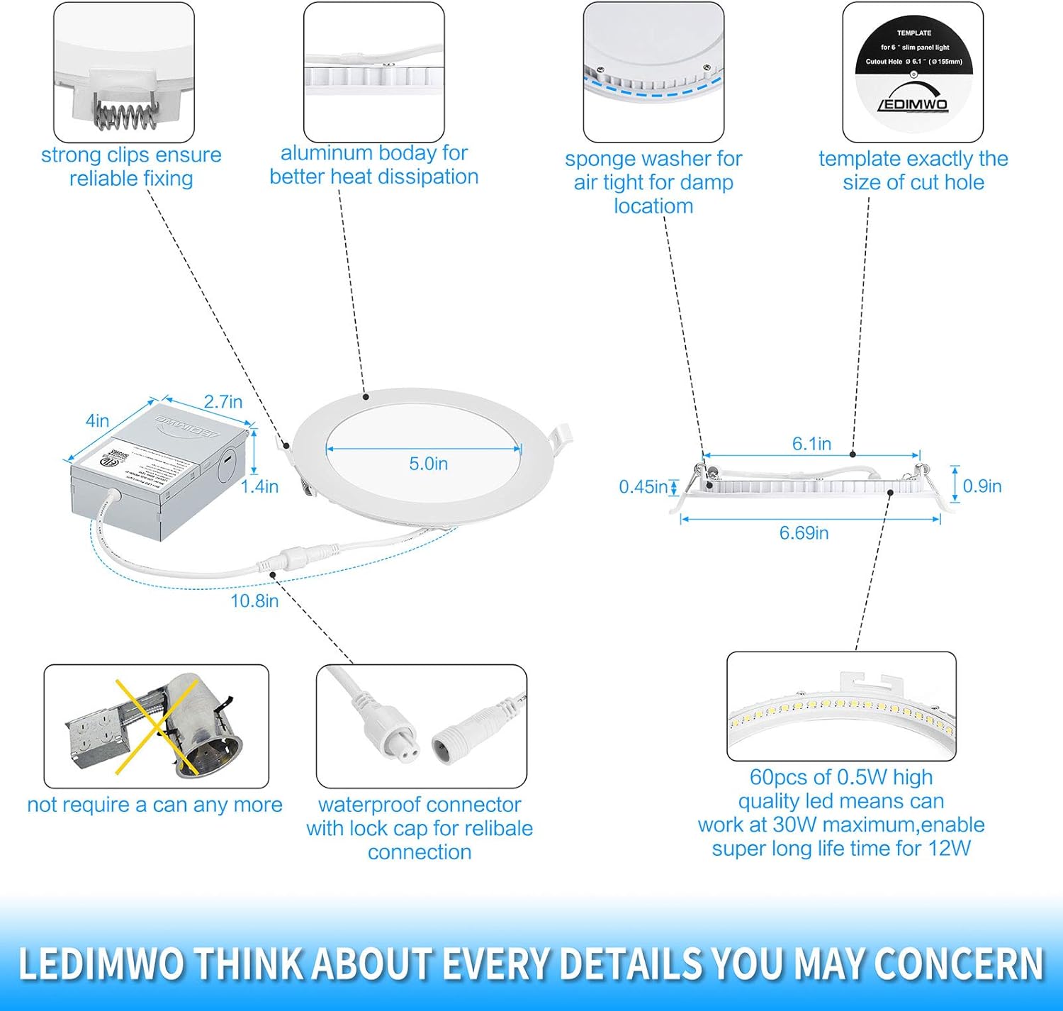 6 inch 12W 3000K/4000K/5000K Selectable Led Recessed Lighting, 6" Led Recessed Light, led can Light, No Flicker No Buzz, 1000lm, with Junction Box, ETL & Energy Star,1Pack