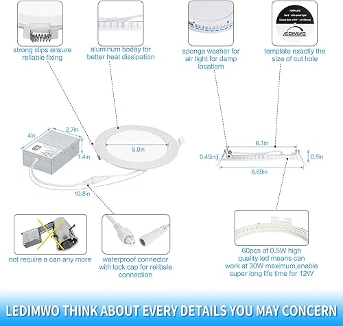Miniatura 3 de LEDIMWO 6 pulgadas 12W 2700K3000K3500K4000K5000K Color seleccionable Iluminación empotrable, luz de techo LED de 6 pulgadas, luz de lata LED, sin