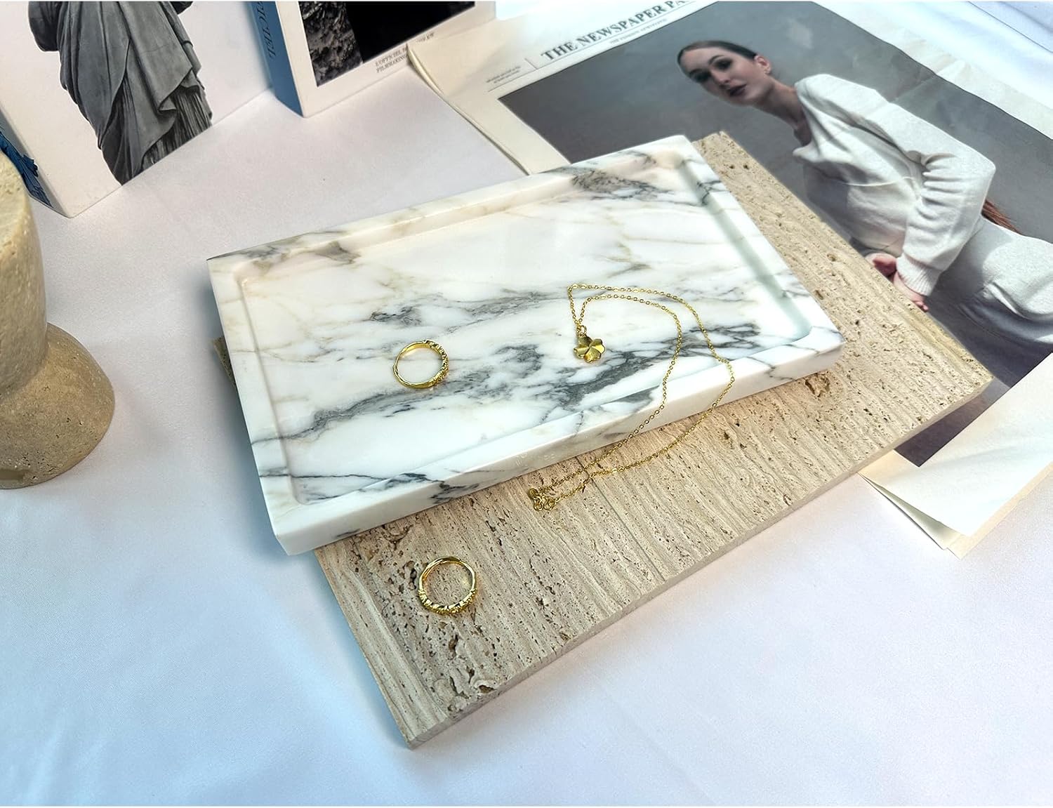 Arabescato Marble Vanity Tray, 9.8"x5.9" Genuine Marble Stone Tray for Bathroom/Kitchen/Dresser