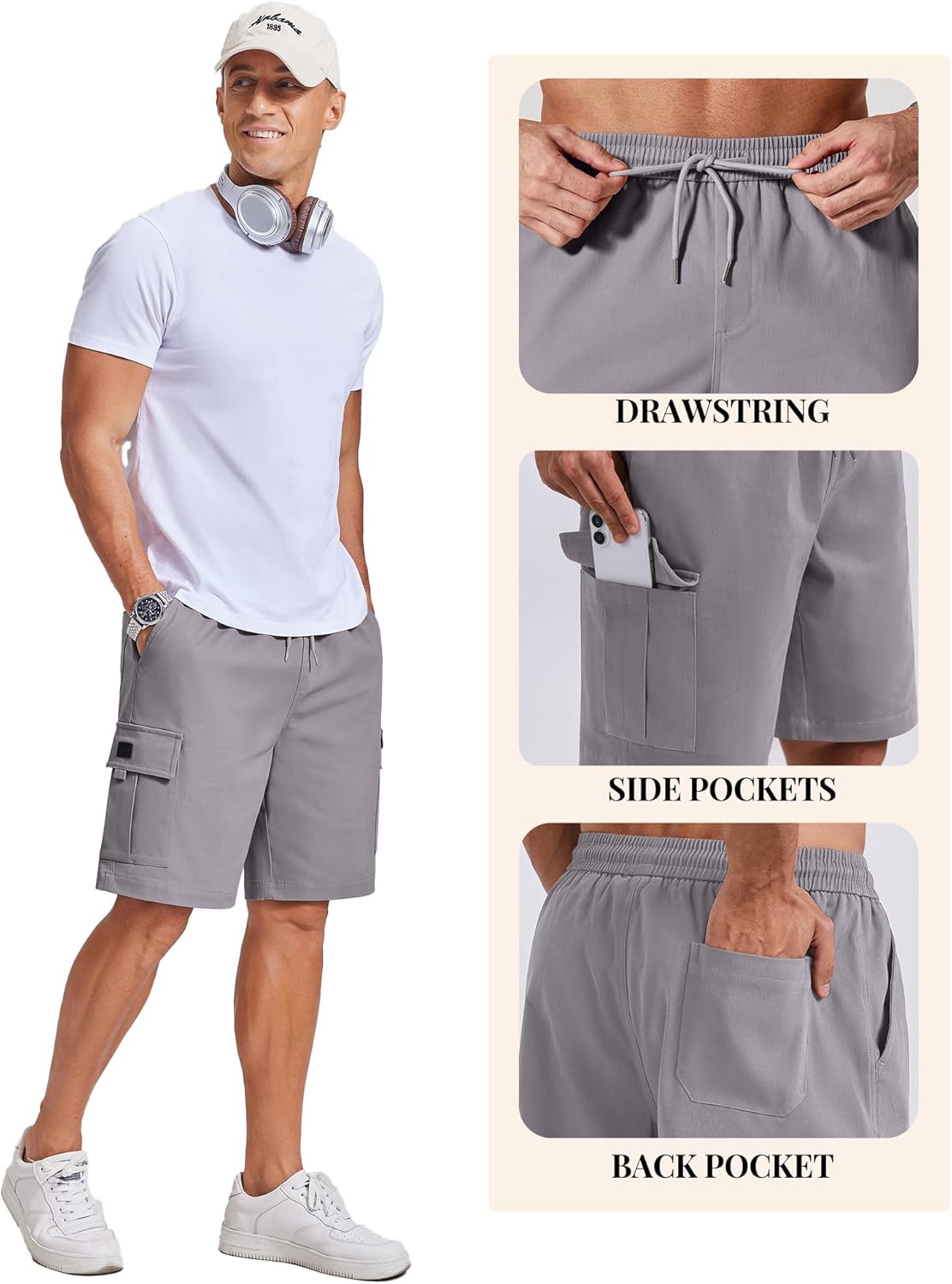 COOFANDY Mens Cargo Cotton Twill Cargo Shorts Drawstring Stretch Elastic Waist Casual Work Short with 5 Pockets - Image 4