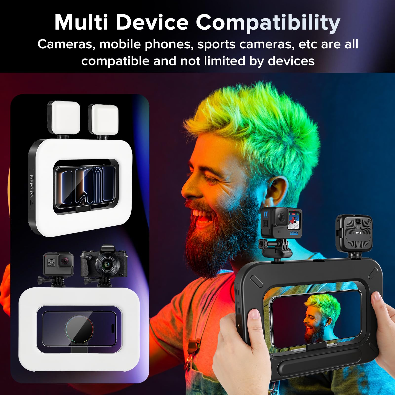 Anello luminoso magnetico RGB per selfie per iPhone e Android (con mini treppiede), magnete a doppio lato, stabilizzatore portatile a LED, batteria integrata per YouTube, TikTok, Vlogging