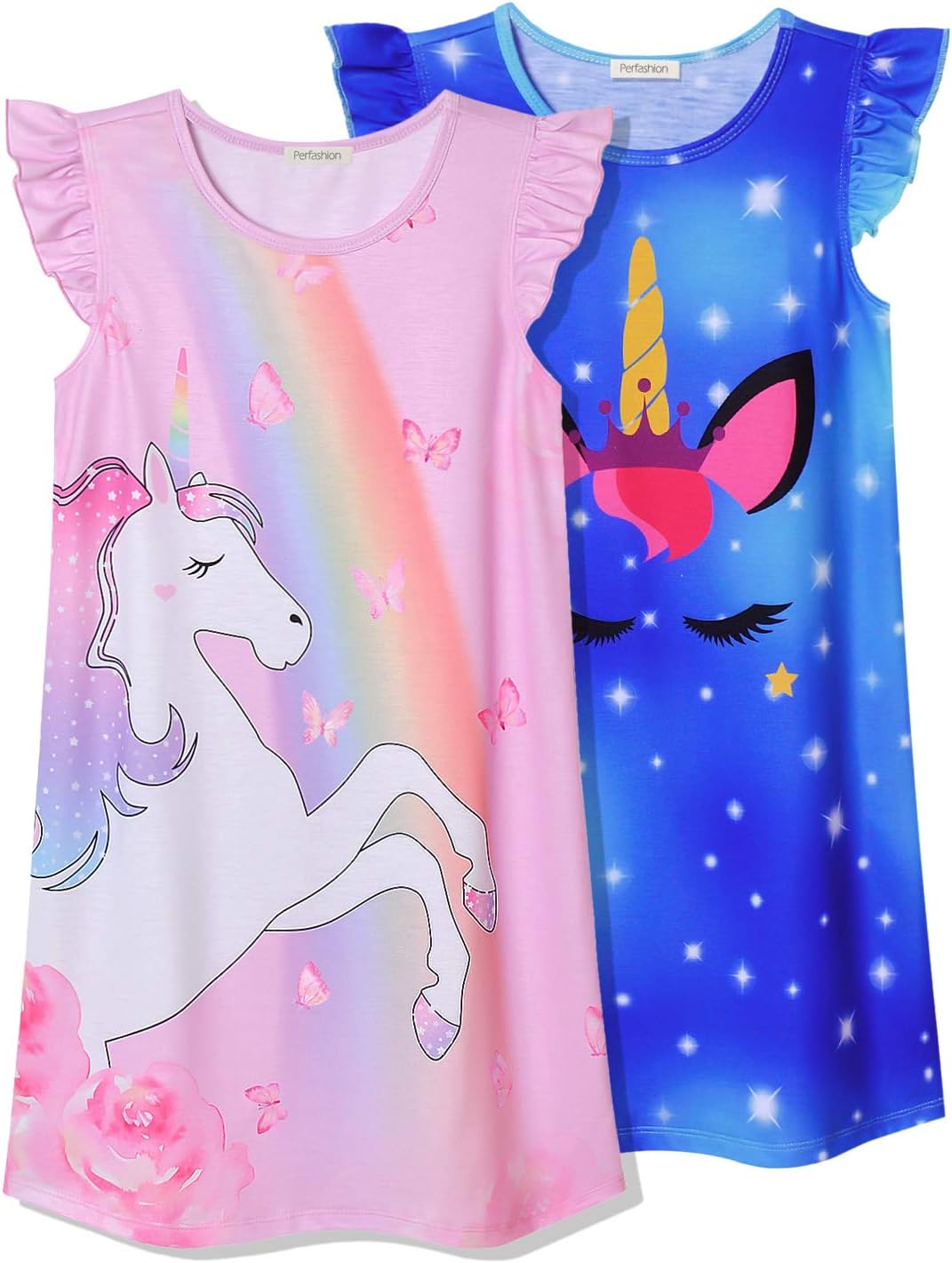 Perfashion 2-Pack Nightgown for Girls Flutter Sleeve Mermaid Pajamas Cotton Sleepwear Dressing gowns