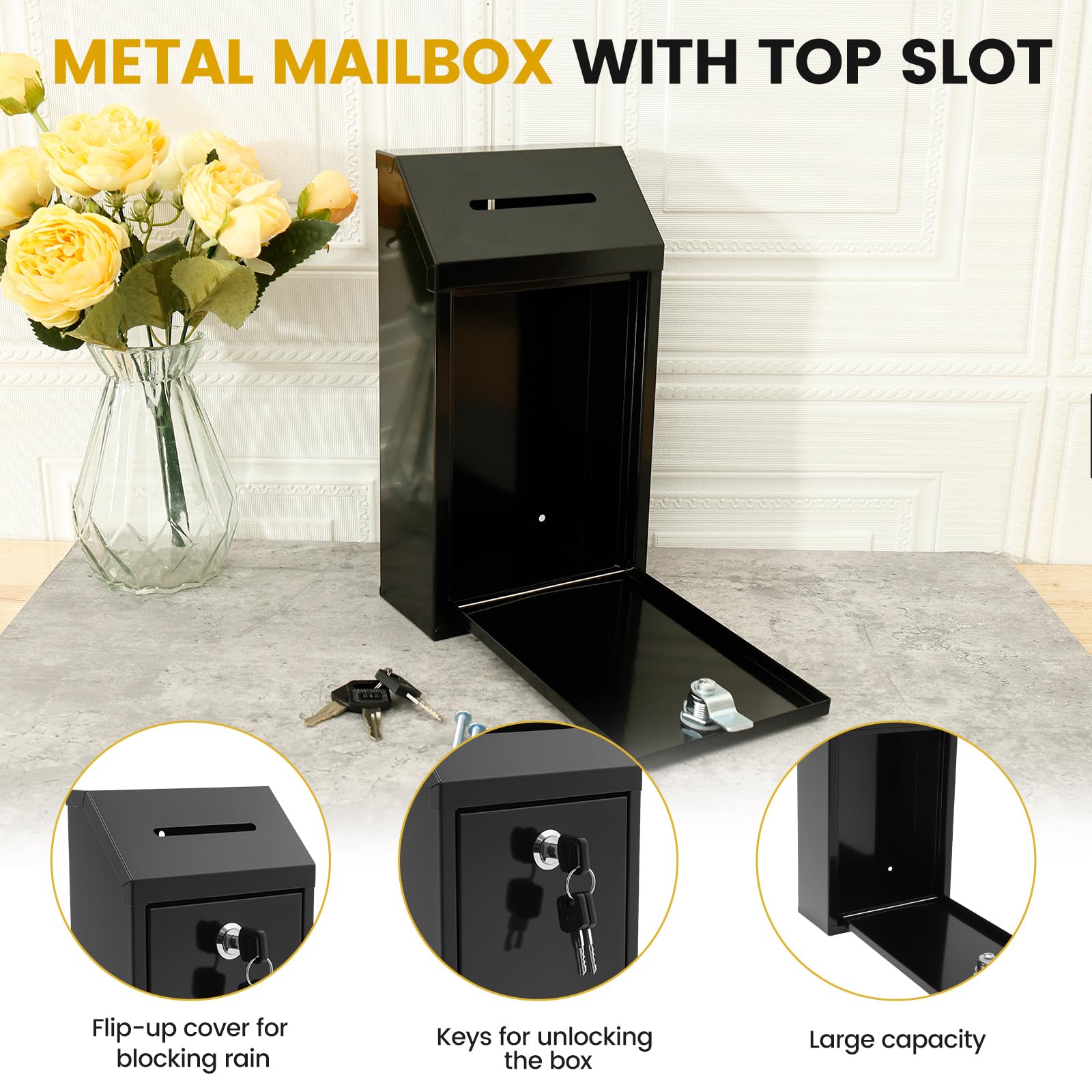Metall Spendenbox,Briefkasten mit Schlüsselschloss,Outdoor Vorschlagsbox mit Einwurfschlitzen,Langlebig,für Zuhause,Büro,Außenbereich und Gewerbliche Standorte(schwarz)