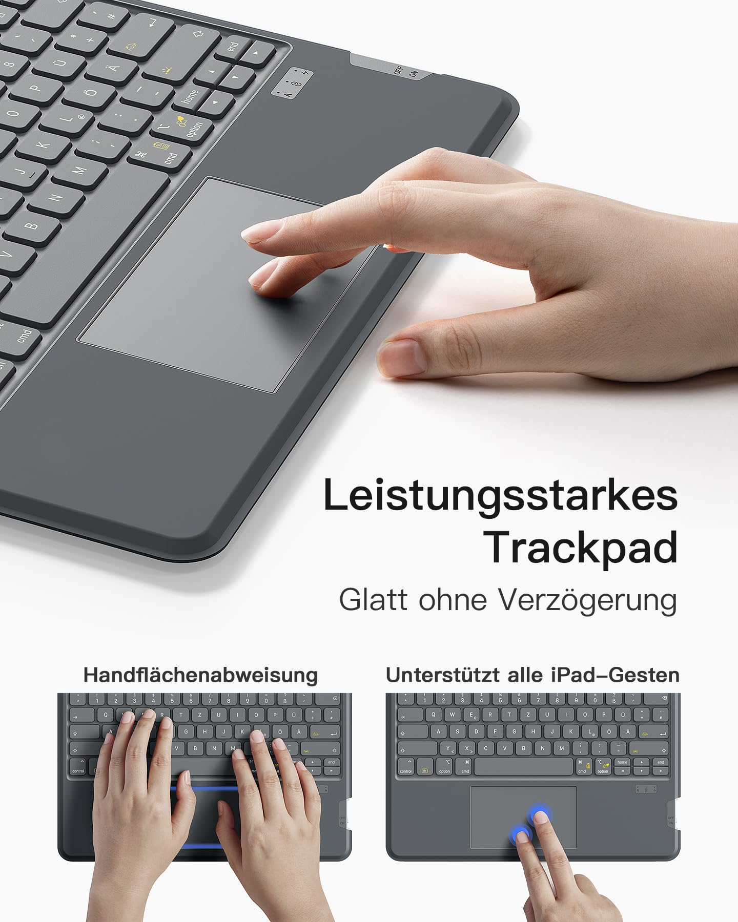 Inateck Tastatur Hülle für Air 13 Zoll M4/M3/M2(2026/2025/2024),iPad Pro 12.9 Zoll,Hoch-/Querformat Ständer,Abnehmbare Touchpad mit 7-Farbiger Hintergrundbeleuchtung,QWERTZ,KB04118