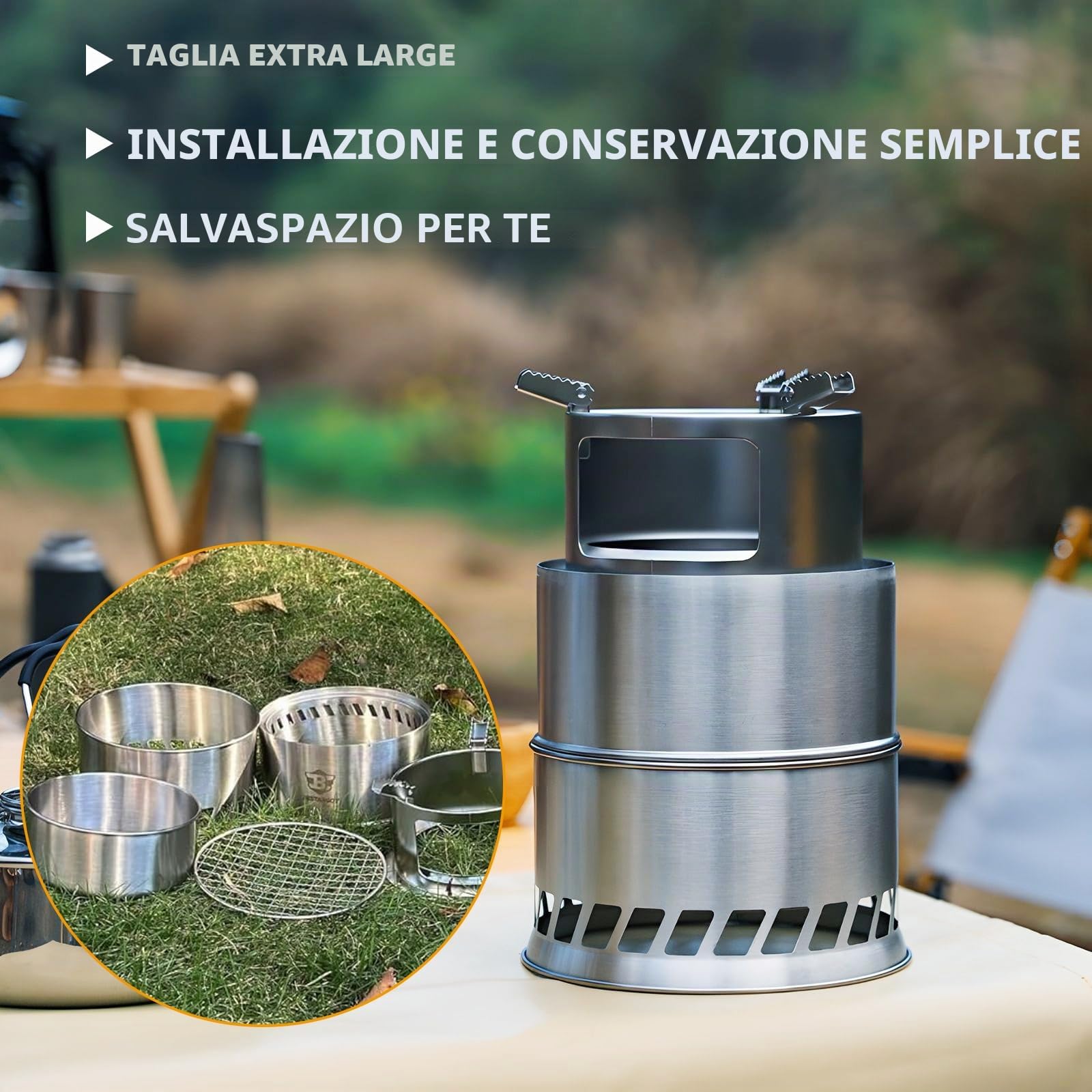 Stufa a legna portatile da campeggio con piastra a rete per barbecue, fornello Hobo in acciaio inox, borsa per il trasporto, pieghevole e antivento