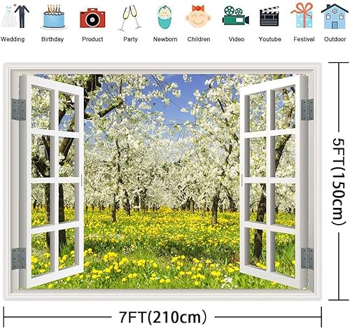 Miniatura 3 de Telón de fondo de ventana de primavera, alféizar de ventana blanco, bosque verde, fondo natural para fotos, pancarta de fiesta de flores, decoración