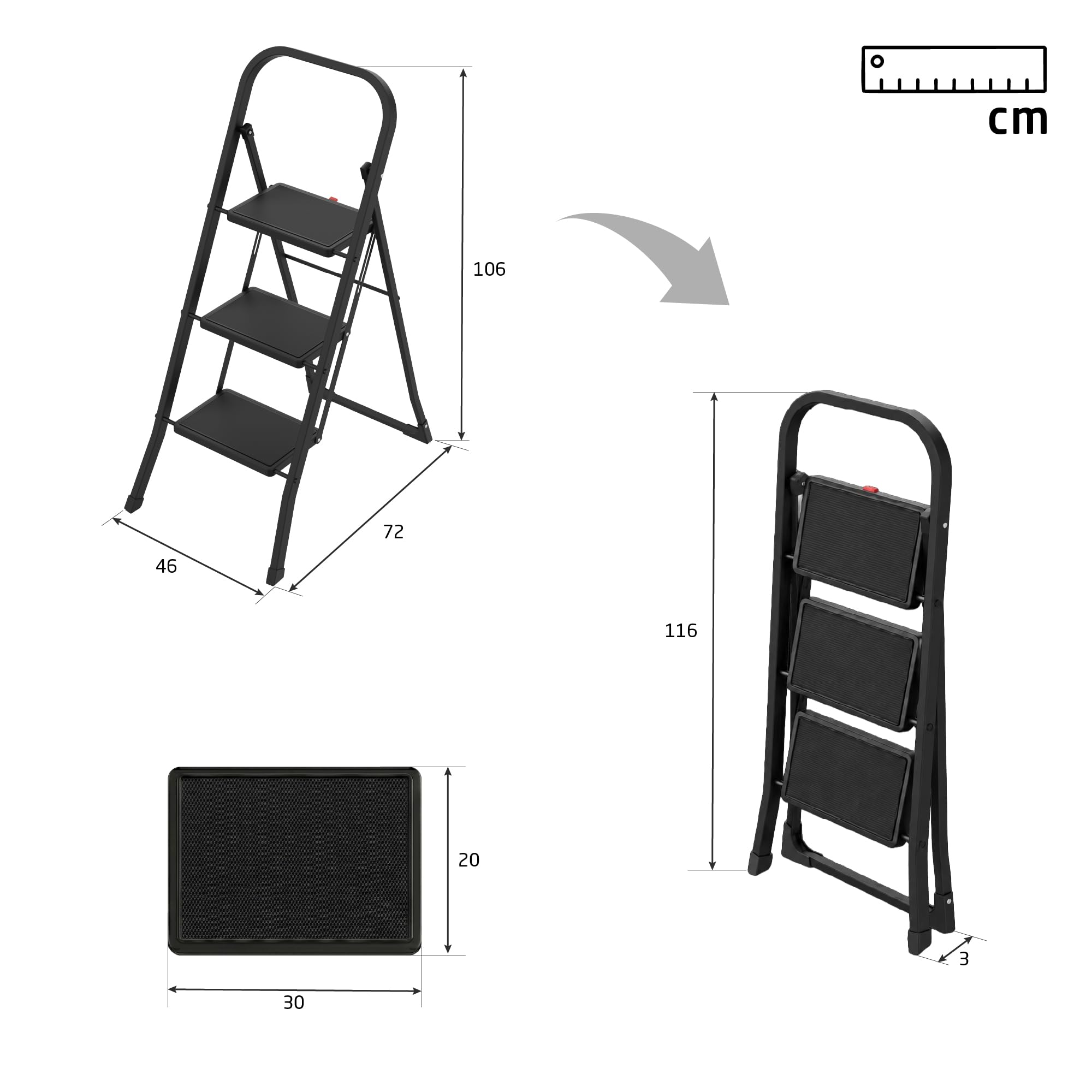 Amig Échelle Pliable 3 Marches Acier Noir 106x72x46 cm