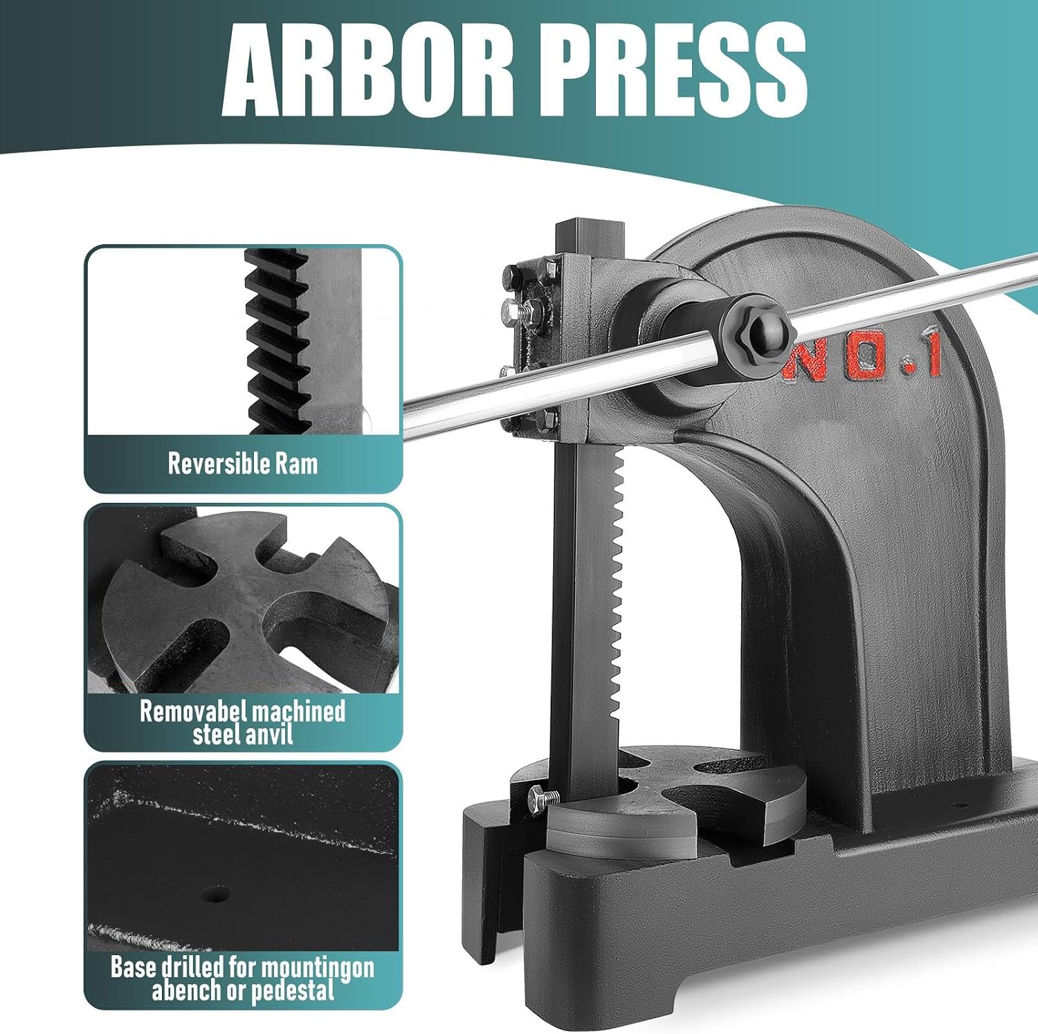 Arbor Press Tool 1 Ton, Heavy Duty Manual Arbor Press 12” Max Height, Cast Iron Hand Press with adjustable lever for Bending, Punching and Pressing (Black 1Ton)