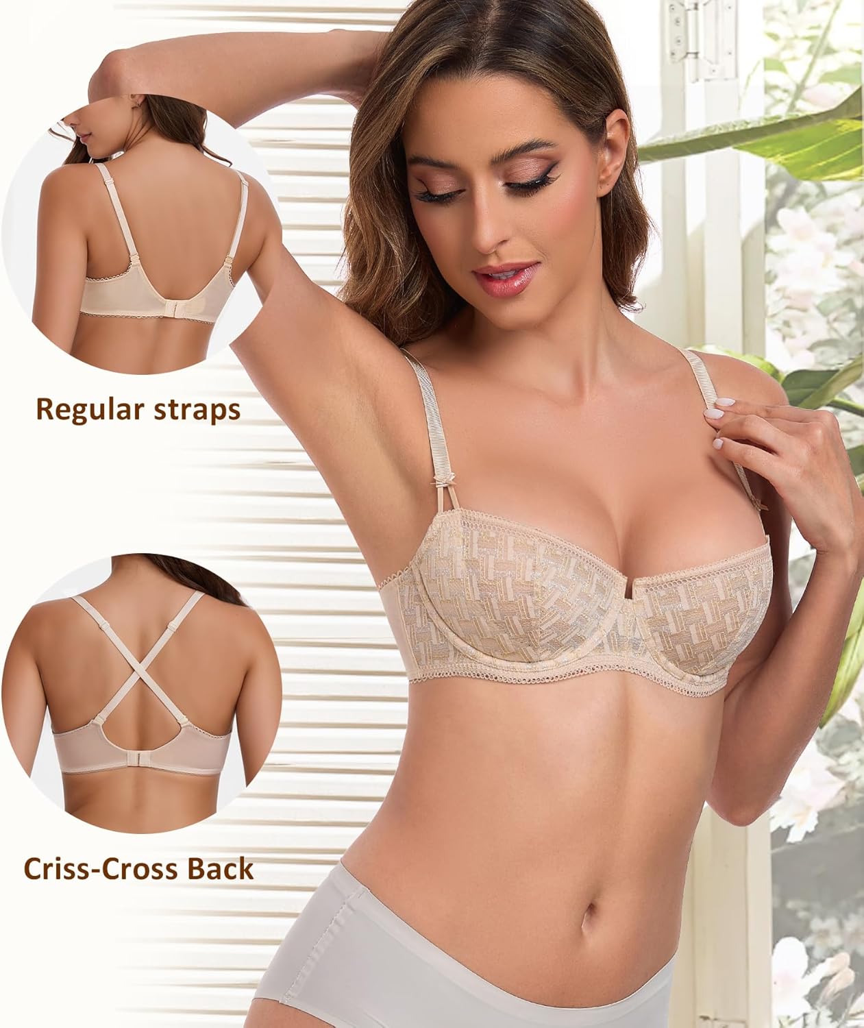 Lemorosy Women's Demi Balconette Bra 1/2 Cup Push Up Lace Unlined Underwire Sexy Sheer Mesh Multiway Balcony Bralette - Image 3