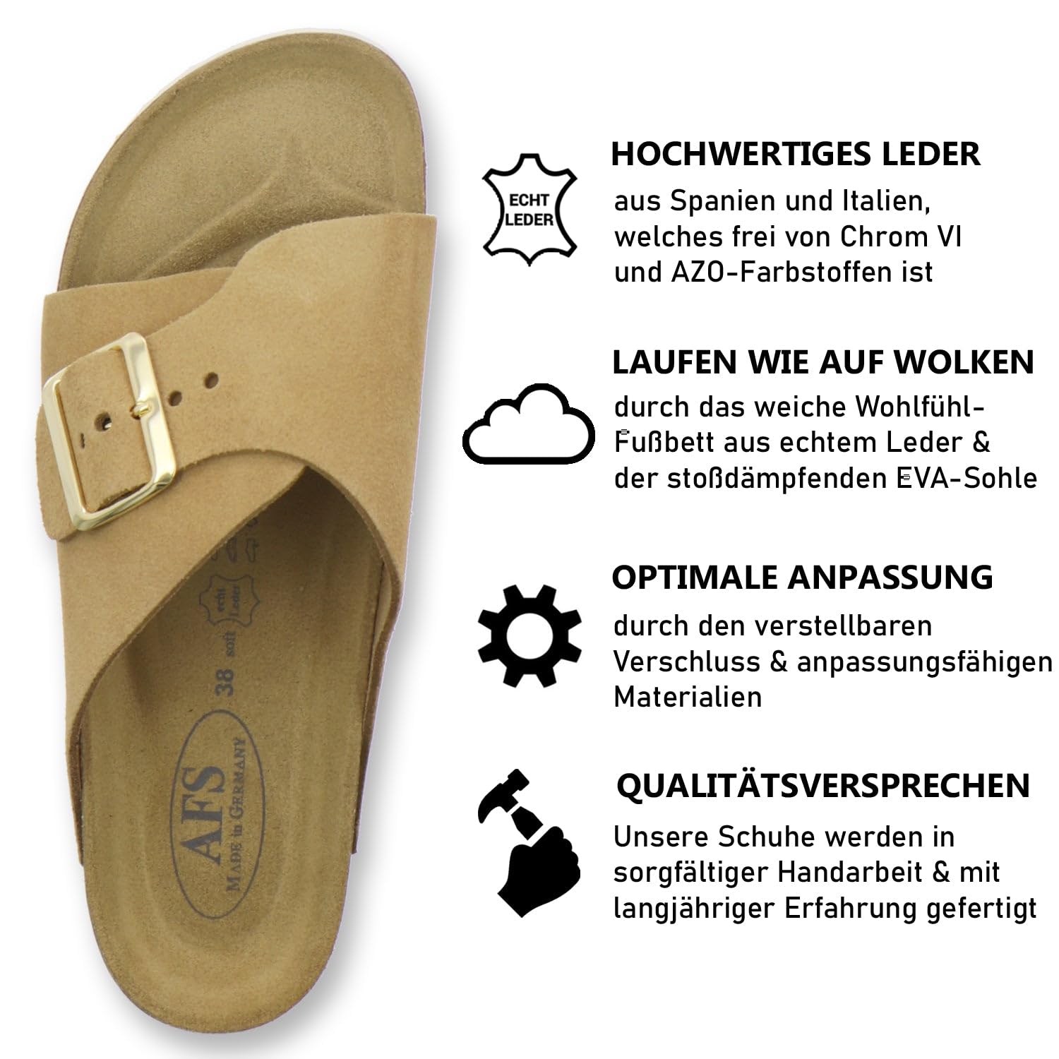 AFS-Schuhe 2150, ciabatte da donna alla moda, in vera pelle, sandali estivi con grande fibbia, realizzati a mano in Germania