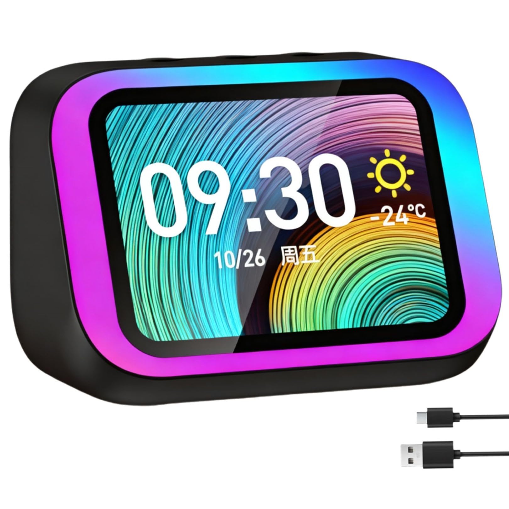 Reloj Despertador Inteligente Ai con Altavoz Bluetooth 5.4 y Luz RGB Dinámica, Reloj Digital de Mesita de Noche Portátil con Pantalla de Hora y Clima, Llamadas Manos Libres Black