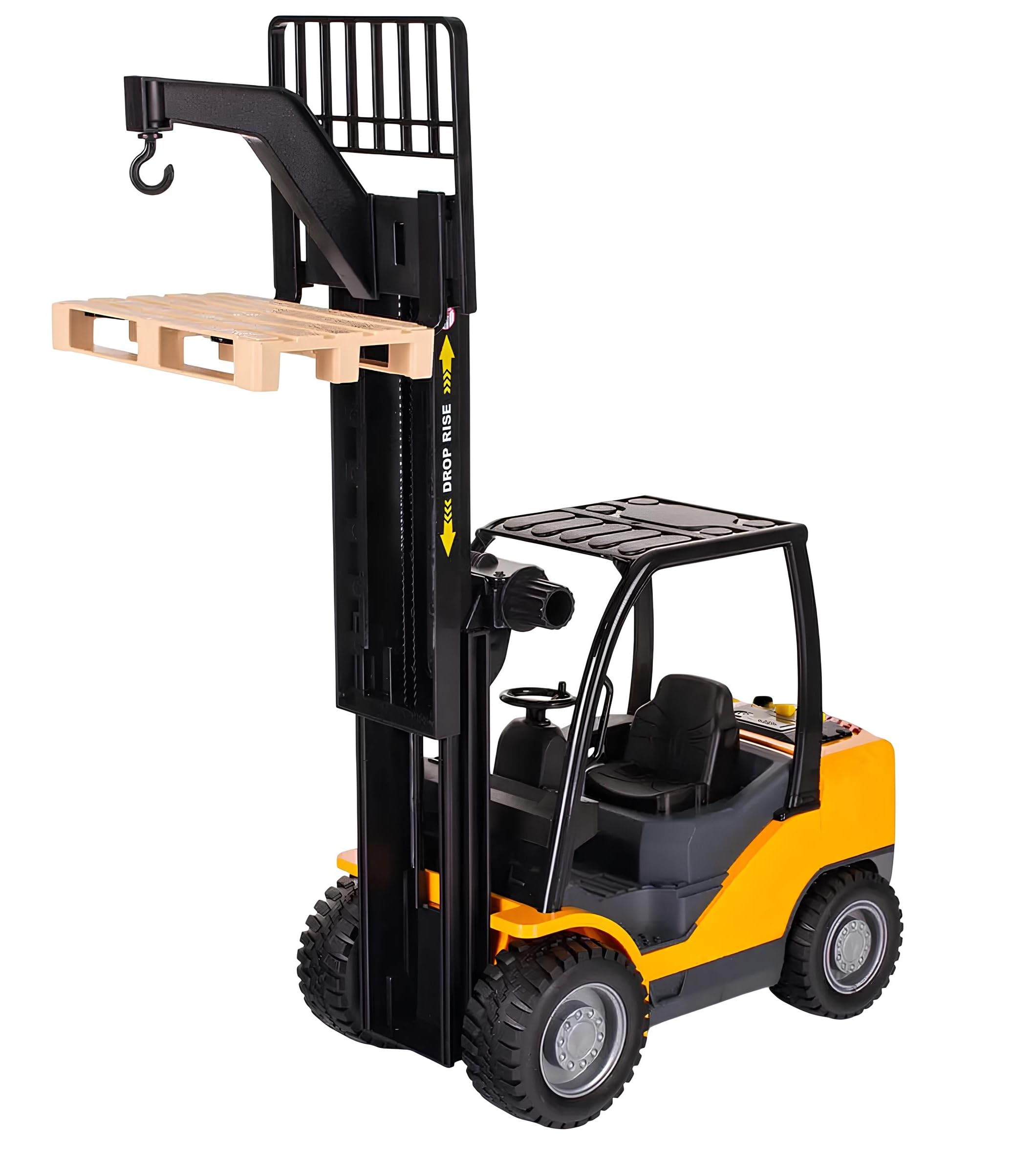 Carrello Elevatore Giocattolo con Suoni Reali Luce Movimento a Frizione Muletto Grande cm 25 Forklift con Gancio Pedana Pallet Grande Modellino Forca Carrello a Forche Porta Transpallet Porta Pedane