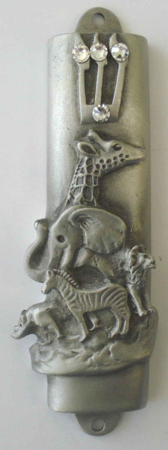 Noah's Ark Pewter Mezuzah with Kosher Mezuzah Scroll - Parchment - Made Using Crystal